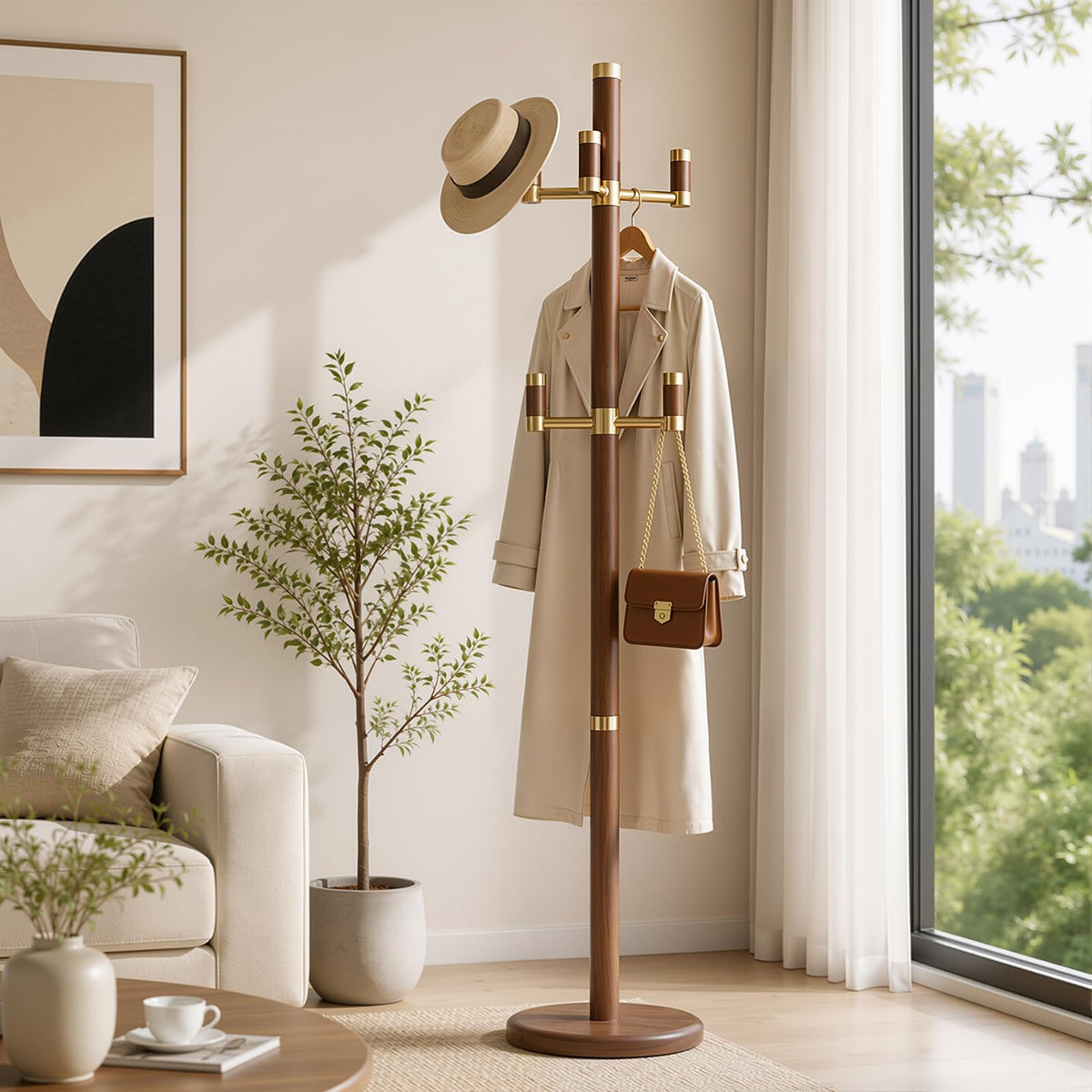 Solid Wood Coat Rack with 6 Hooks