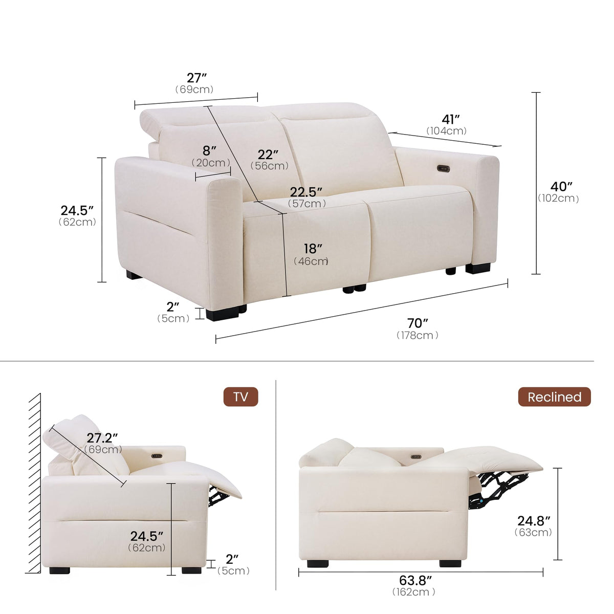 ModernMate Lodden 70" Power Reclining Loveseat Sofa, Beige