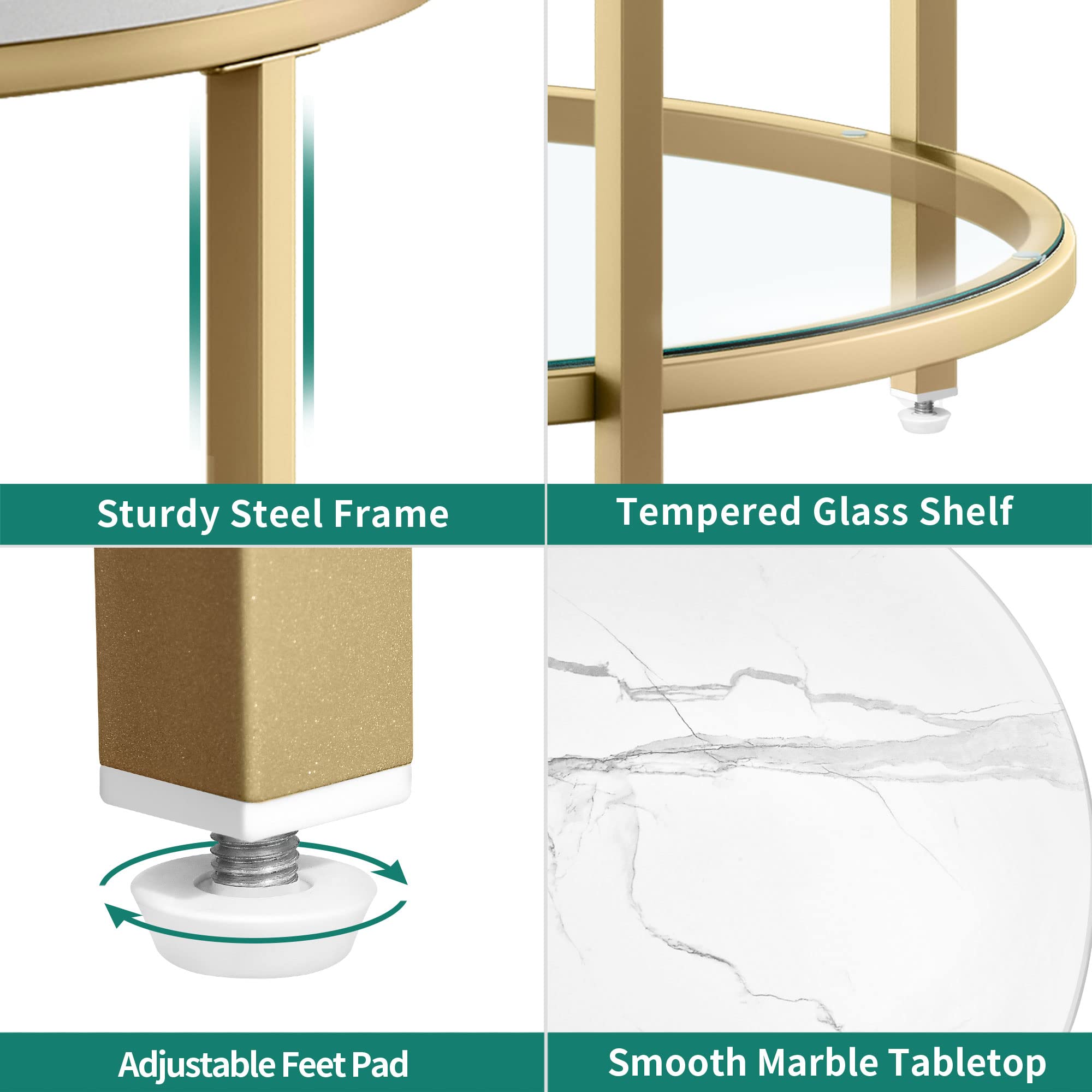 Round Marble Coffee Table with Glass Shelf