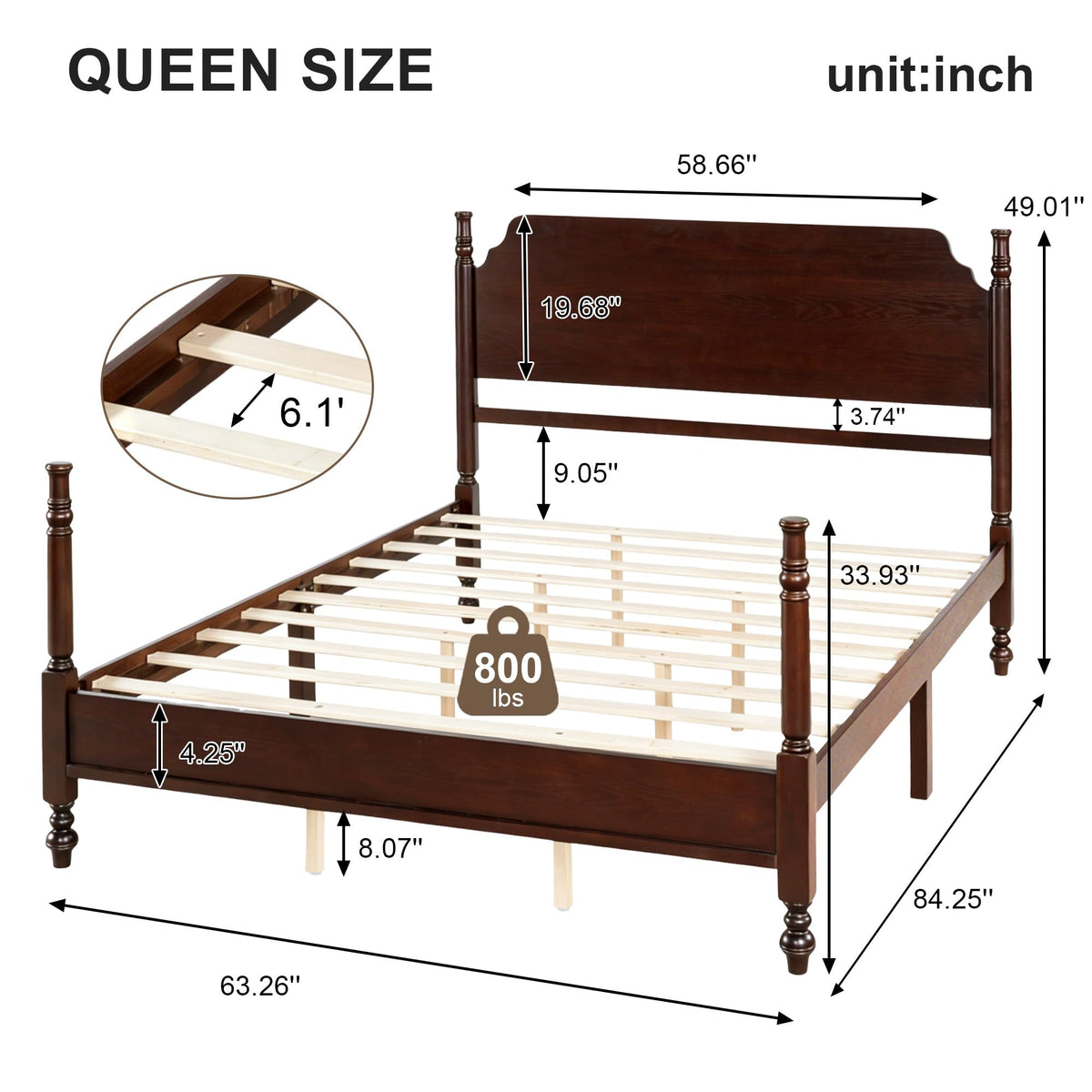 Merax Vintage Wood Spindle Bed Frame with Headboard, Queen Size,Dark Walnut