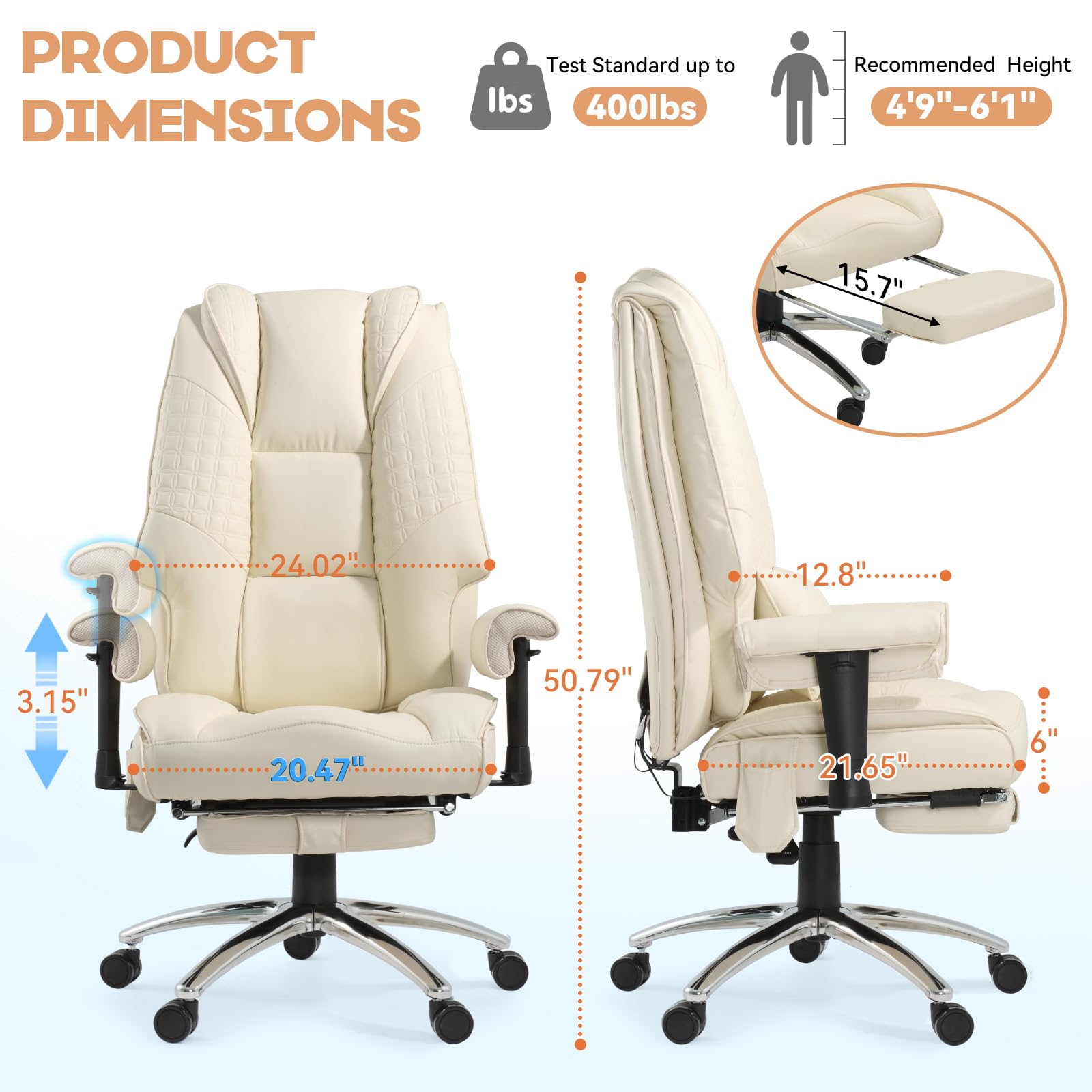 Mvpipi Vibrate Massage & Heating Office Chair, Executive Office Chair with Reclining Backrest, Adjustable Arms & Lumbar Support, High Back Leather Desk Chairs w/Foot Res for Home Office, Beige