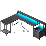 L-Shaped Gaming Desk with LED Lights & Storage
