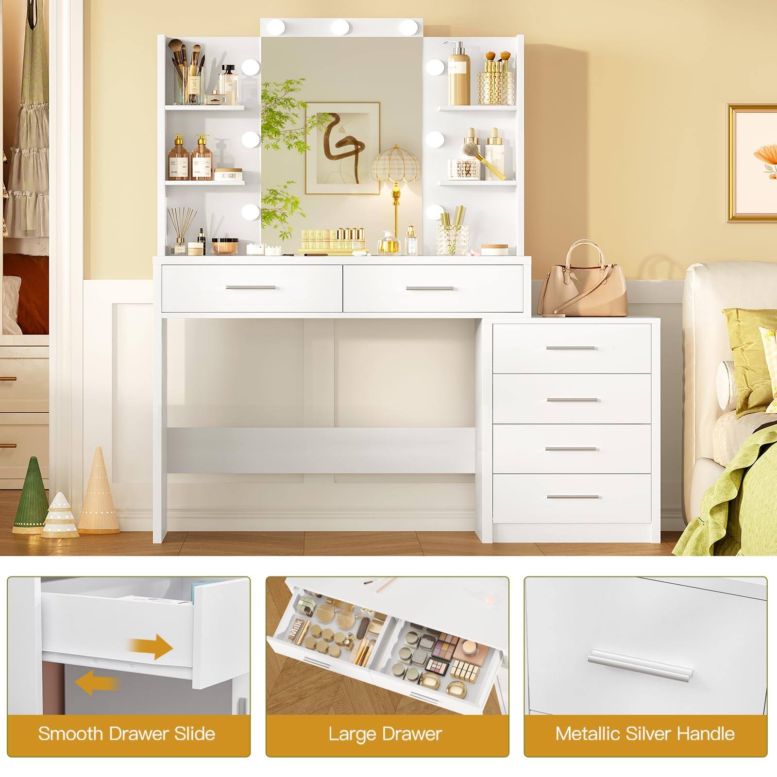 FIONESO 43.3" W Vanity Desk with Mirror and 9 LED Lights, Makeup Vanity with 6 Drawers, 6 Open Shelves, 3 Color Modes & Adjustable Brightness, Dressing Table for Girls Bedroom, White