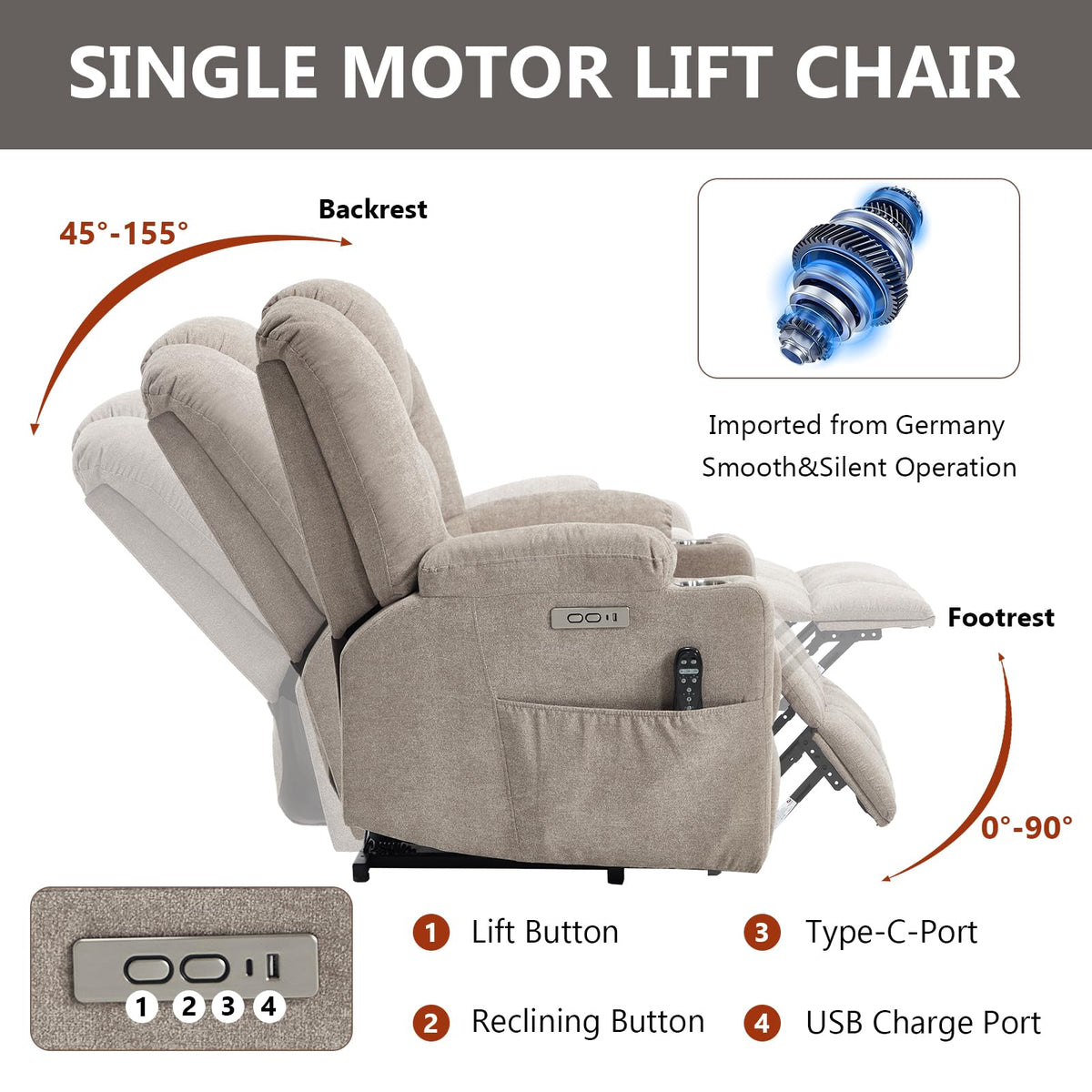 Power Lift Recliner Chair for Elderly with Massage & Heat, Chenille, Khaki