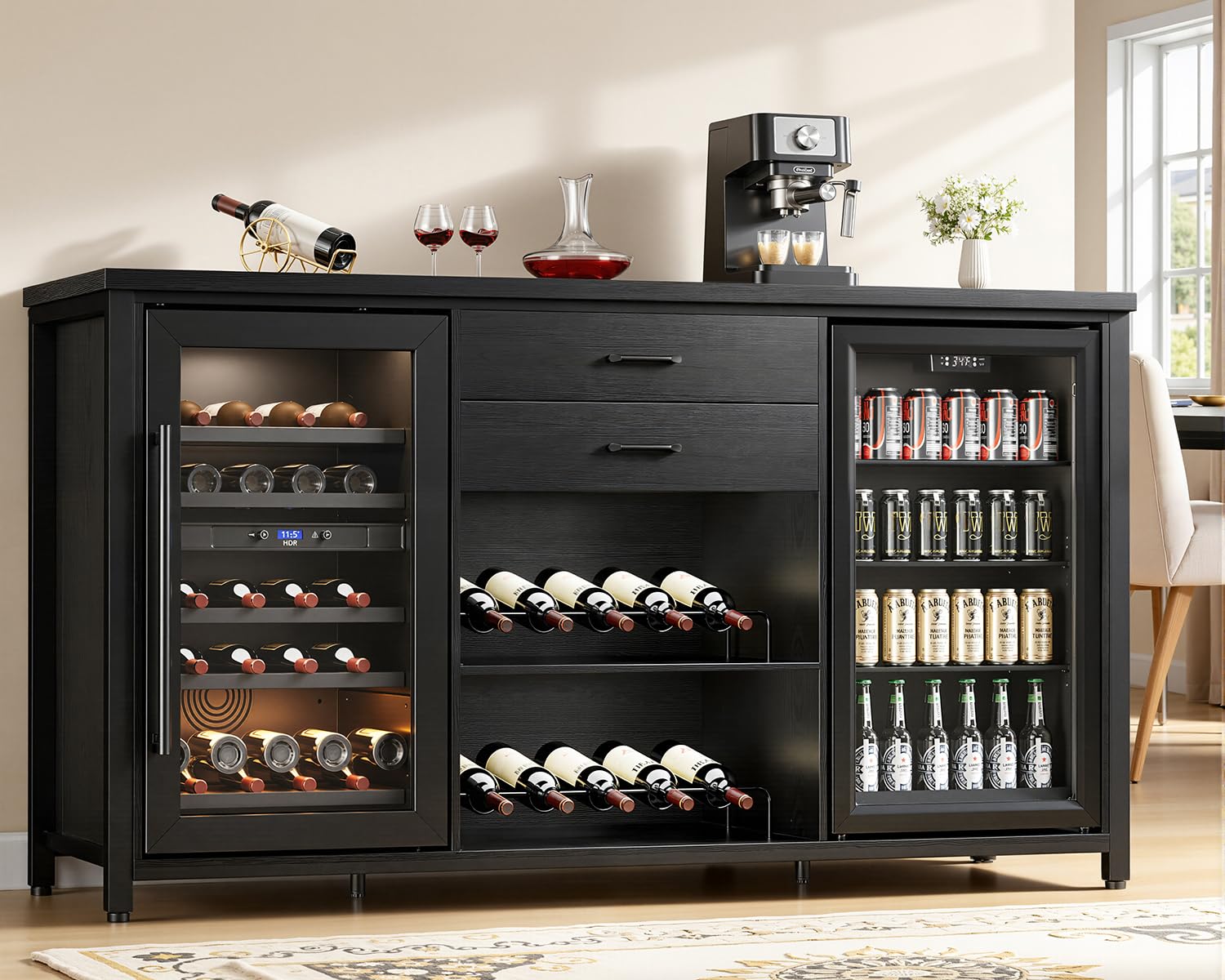 Leteuke Large Coffee Bar Cabinet with 2 Fridge Space, 70.8" L Kitchen Wine Cabinet, Wood Buffet Sideboard Table Station, Farmhouse Liquor Cabinet with Drawers Wine Rack for Home, Living Room-Black