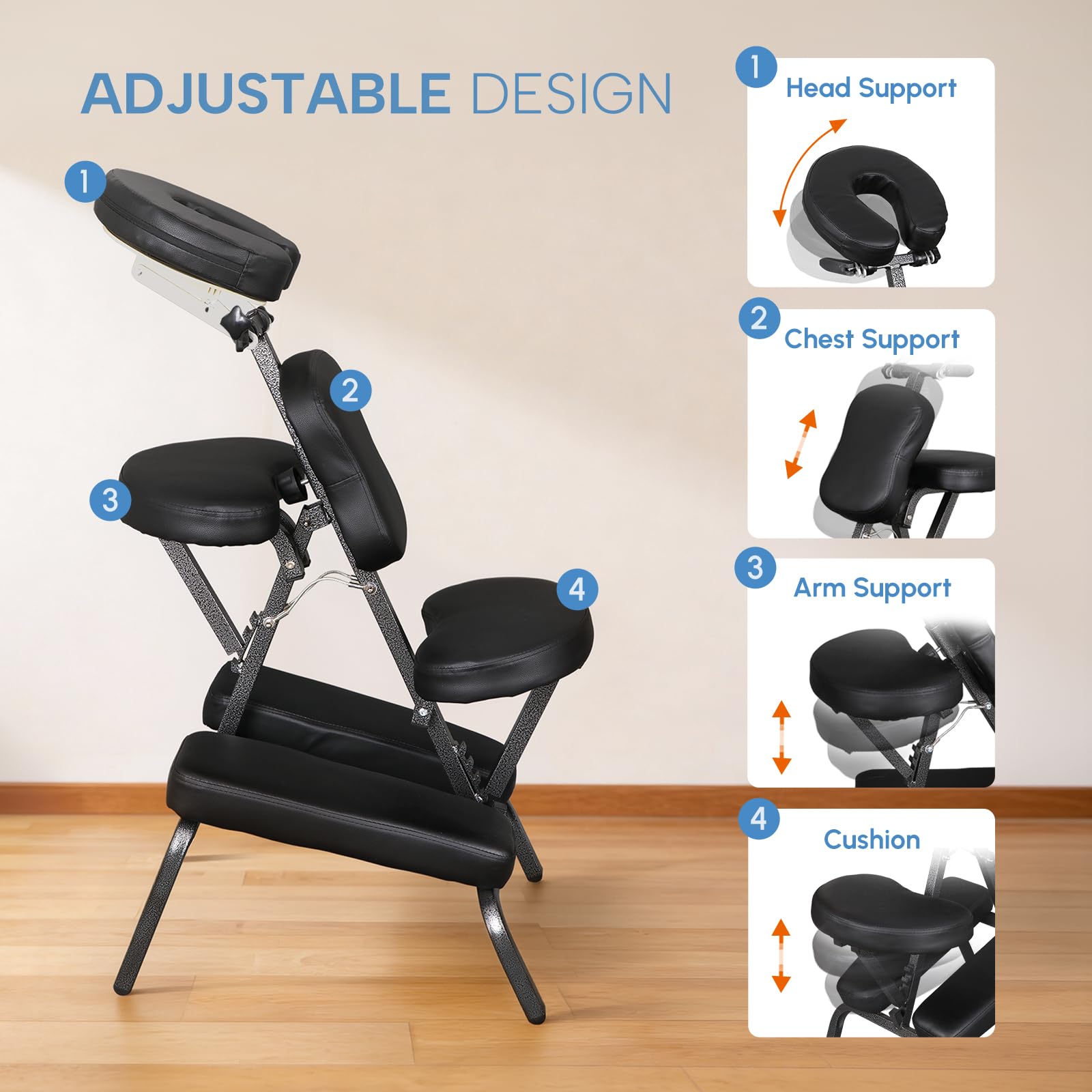 ZENY Portable Massage Chair, Tattoo Spa Therapy Chair, Adjustable, Black, PU Leather, Aluminum, Modern Style, 23"L x 18"W x 42"H, 250 Lbs Weight Capacity, Relaxing