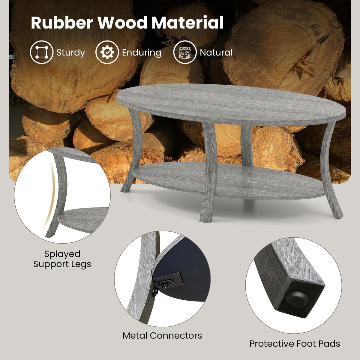 Gray Oval Coffee Table with Storage