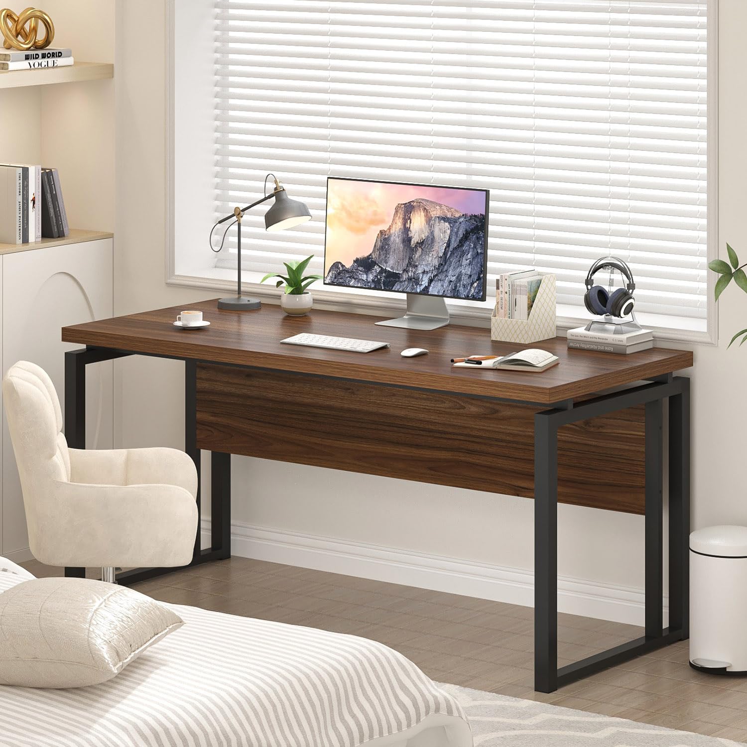 EXCEFUR Home Office Desk, Modern Computer Desk for Workstation, Wood Metal Executive PC Laptop Study Writing Table for Living Room, 53 Inch, Rustic Walnut