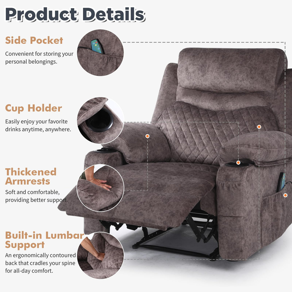 Oversized Massage Manual Recliner Chair Heated Reclining Sofa for Adult