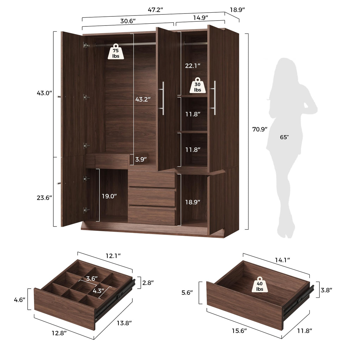 Walnut 5-Door Wardrobe Armoire