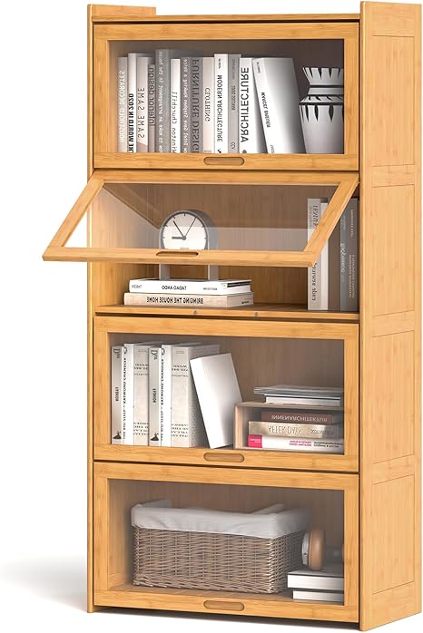 4-Tier Bamboo Bookcase with Flip-Up Acrylic Doors
