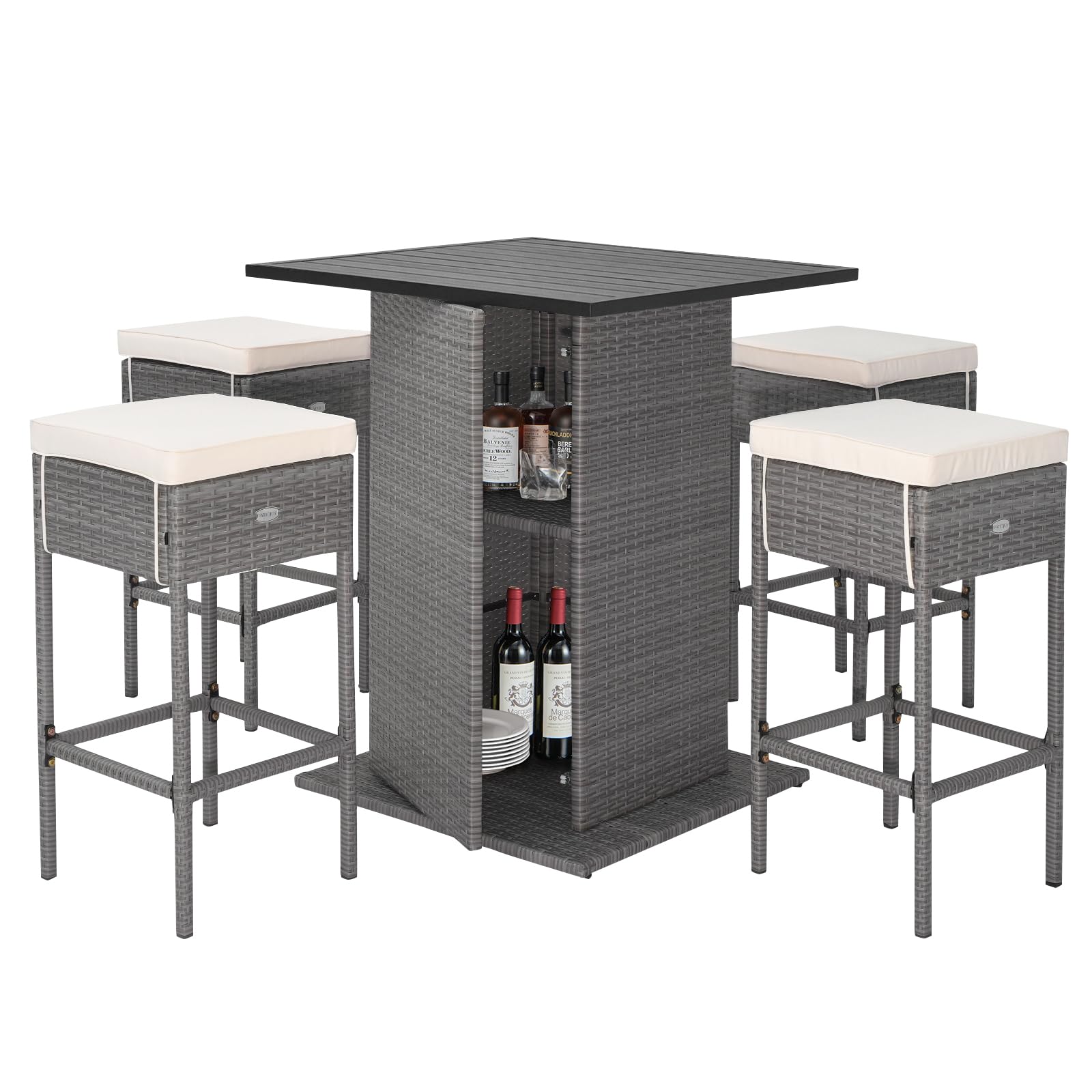 RELAX4LIFE 5-Piece Outdoor Bar Set, Wicker Rattan Bar Height Patio Set w/4 Cushion Bar Stools & Table with Hidden Storage, 5PCS Outdoor High Top Table and Chairs Set for Backyard Poolside (White-Grey)
