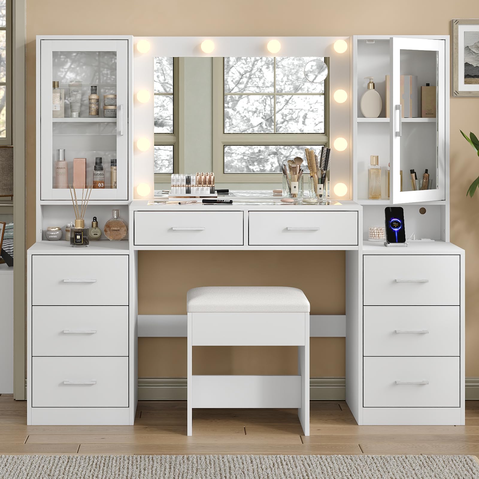Yanosaku 59'' W Large Makeup Vanity Desk with Mirror and Lights, White Vanity with Power Outlet, 8 Drawers & 2 Cabinets, 3 Lighting Modes Brightness Adjustable, Glass Top Vanity with Chair for Bedroom