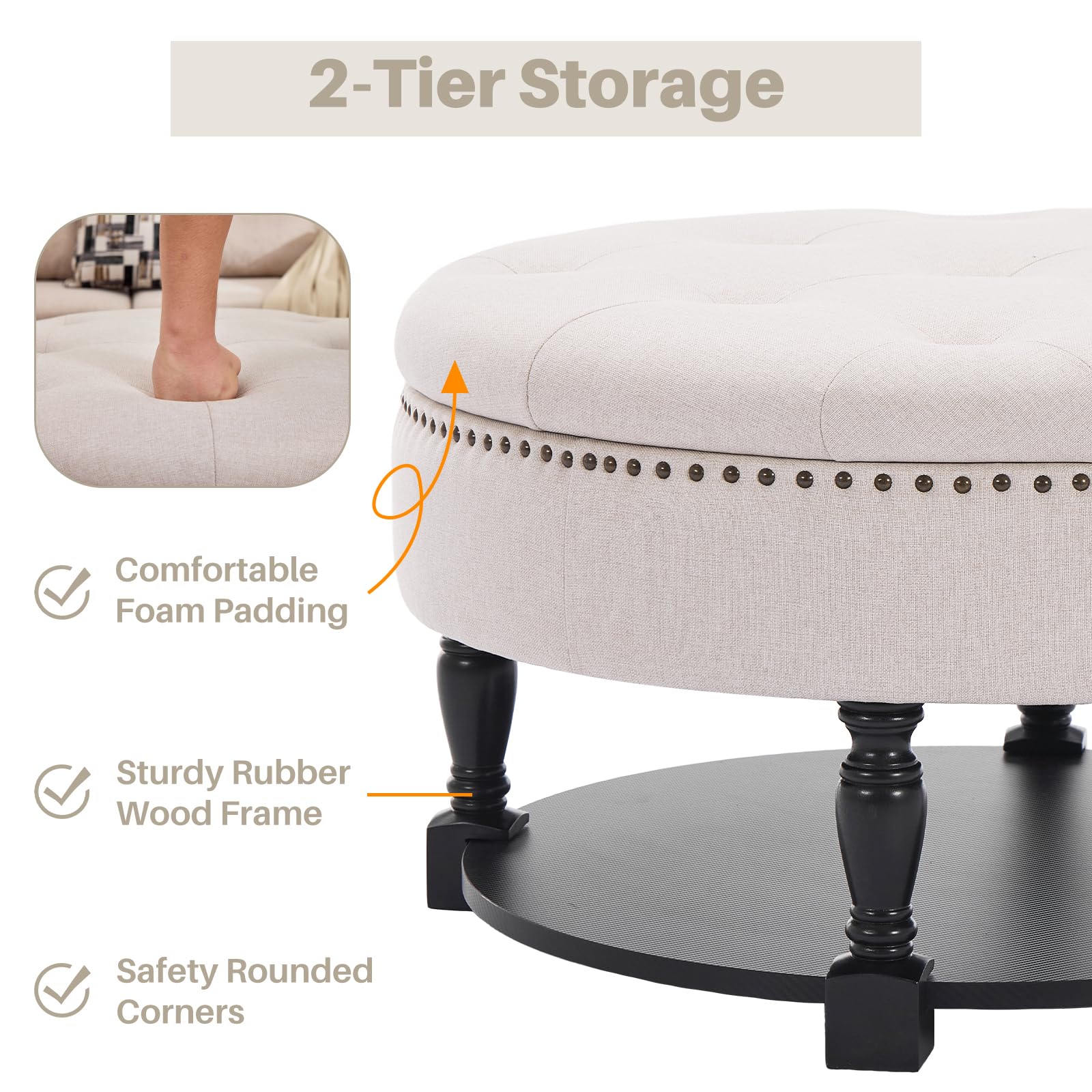 Round Storage Ottoman with Wood Shelf