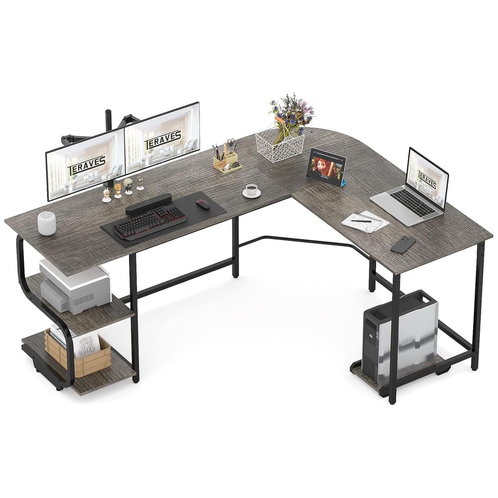 L-Shaped Desk with Storage Shelves & Monitor Stand Hole