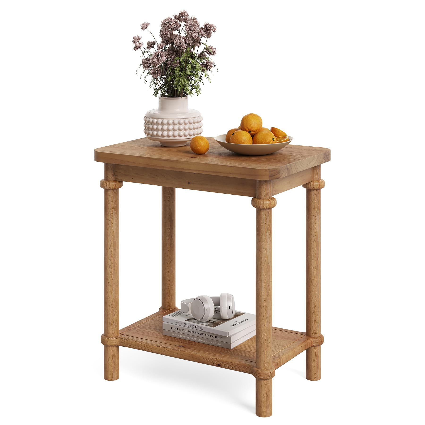 LITTLE TREE 2-Tier Side Table, Rectangular End Table with Storage Shelves & Round Tabletop Edges, Solid Wood Nightstand for Small Spaces, Living Room, Bedroom, Easy Assembly, Light Brown