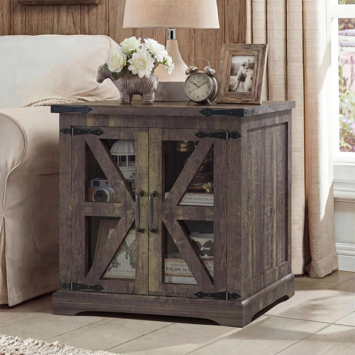 Farmhouse End Table with Glass Barn Door Storage