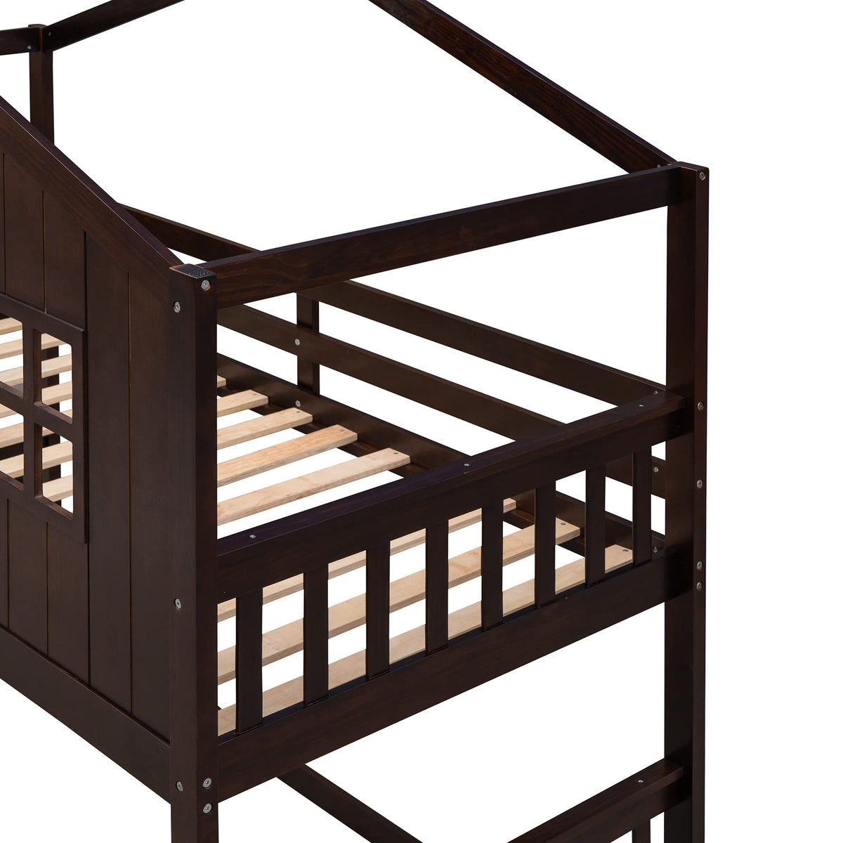 House Bunk Bed Twin Over Twin with Roof and Window for Kids Teens, Espresso