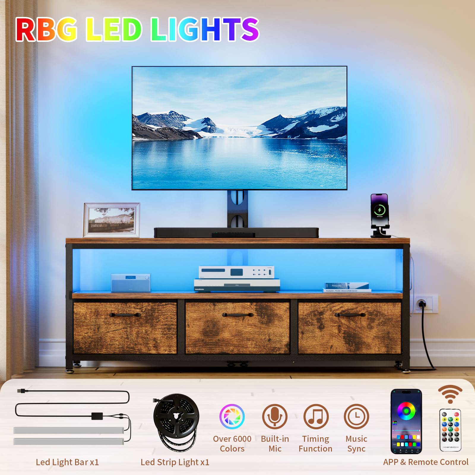 TV Stand with Mount, Power Outlet & LED Lights