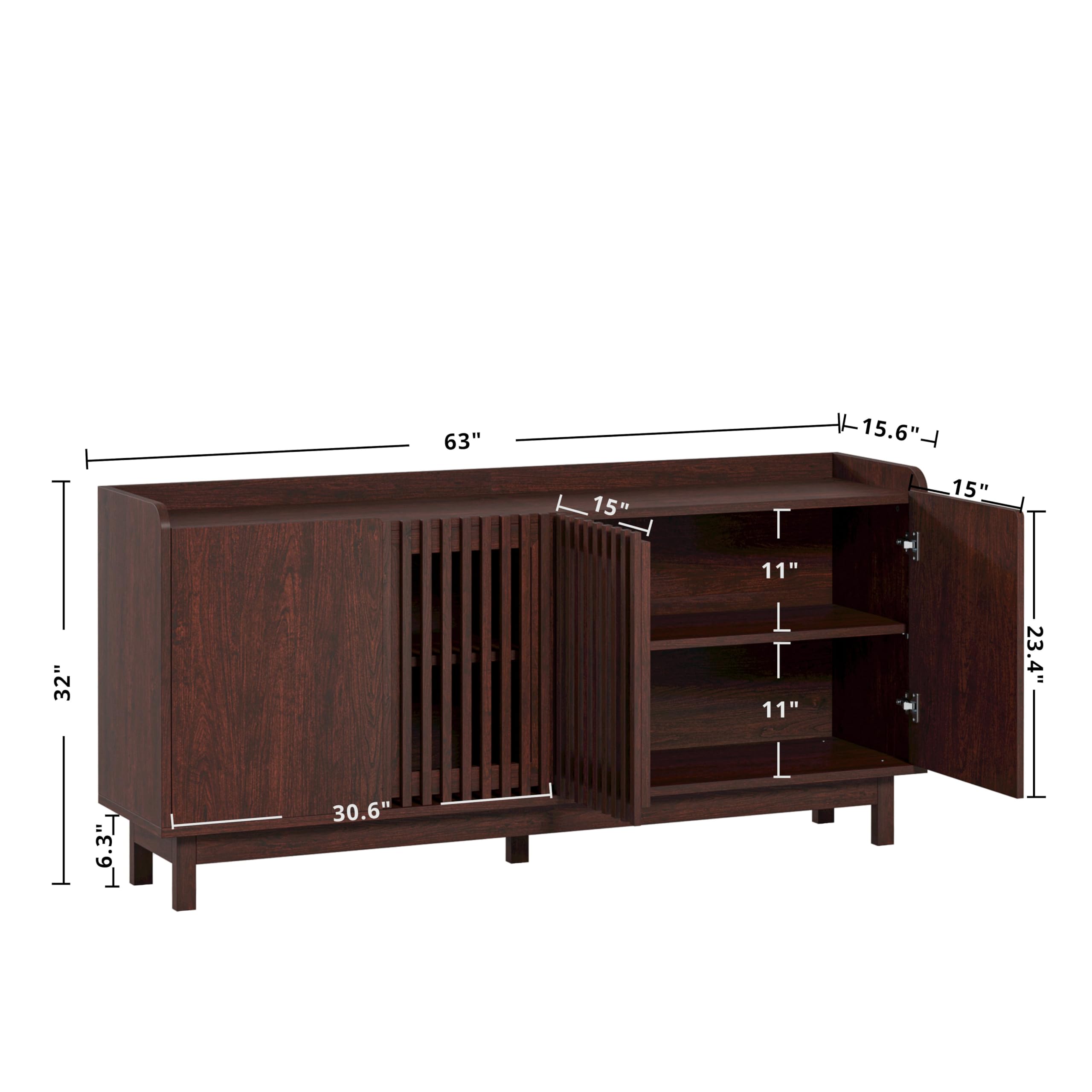 IRONCK 63" Storage Cabinet, Buffet Cabinet with Grille Doors and 2 Adjustable Shelves, Mid Century Sideboard for Kitchen, Dining Room, Entryway（Natural Red Walnut）