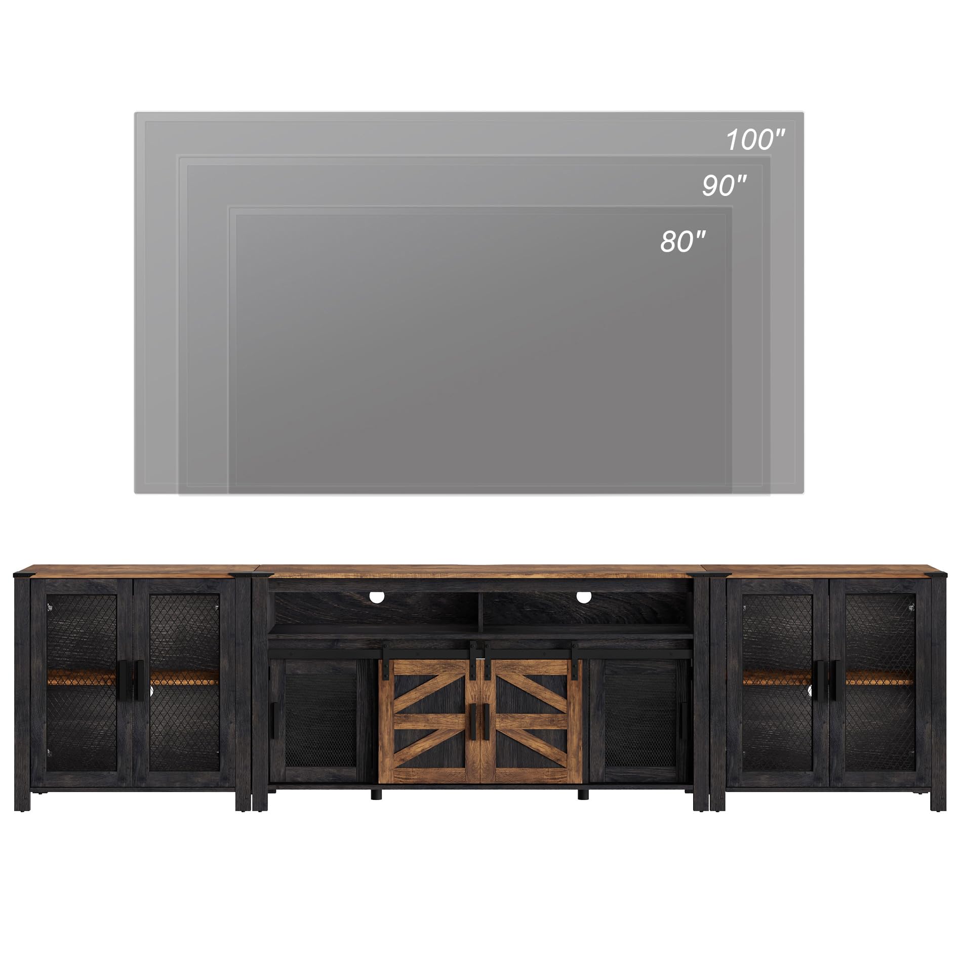 WAMPAT TV Stand Set for 100 inch TV,Door Storage Cabinet with Mesh for Living Room,Farmhouse Storage Units with Open and Adjustable Shelf,Antique White, Dark Walnut and Black