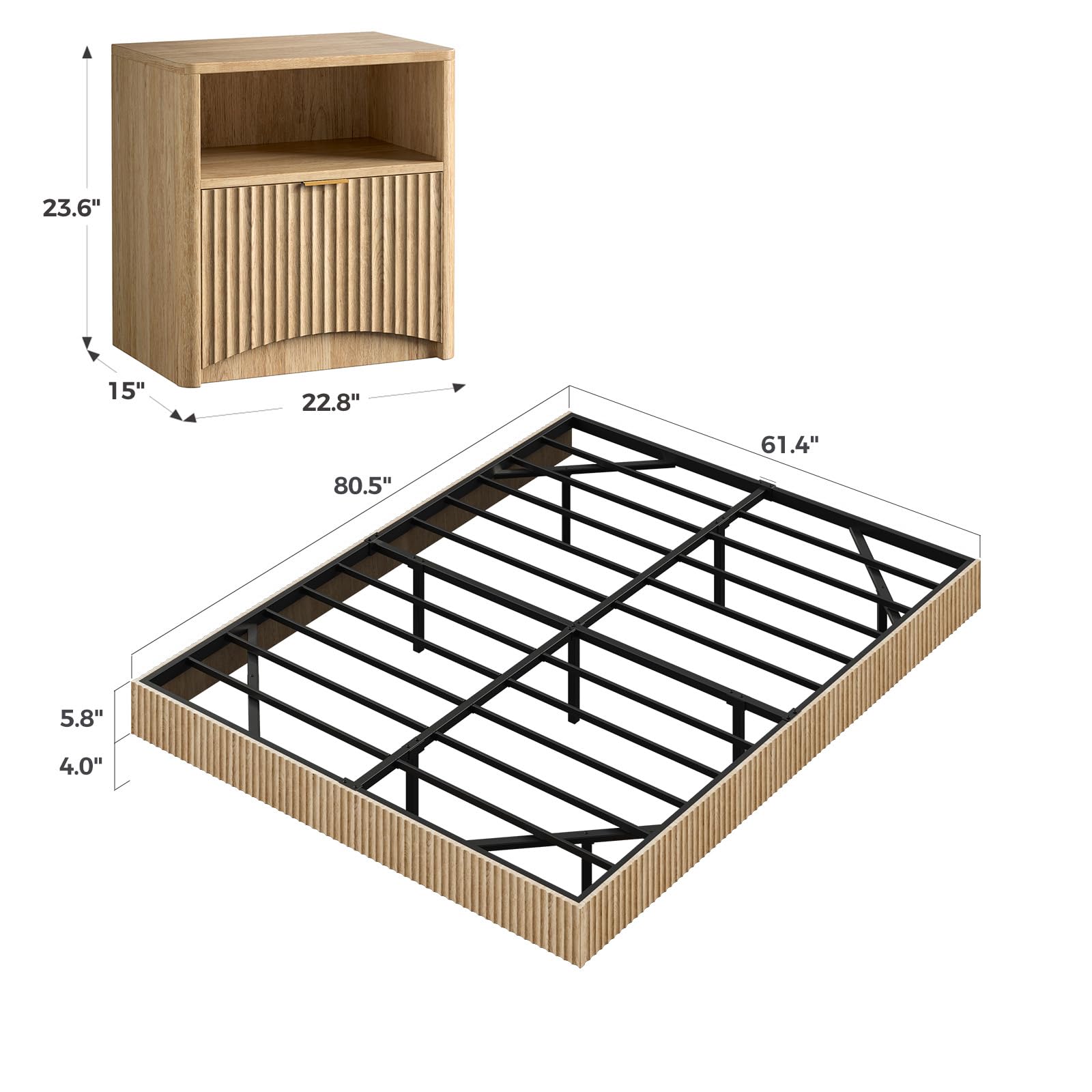 Fluted Floating Bed Frame with LED Lights & 2 Nightstands