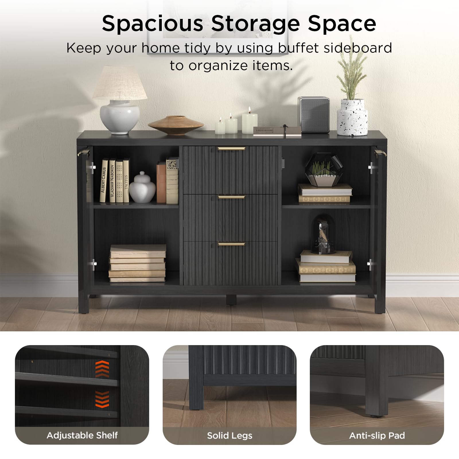 OUTISAN Fluted Sideboard Buffet Cabinet 47.2" Buffet Cabinet with 3 Drawers & 2 Doors, Large Coffee Bar Console Table for Dining Room, Living Room, Entryway