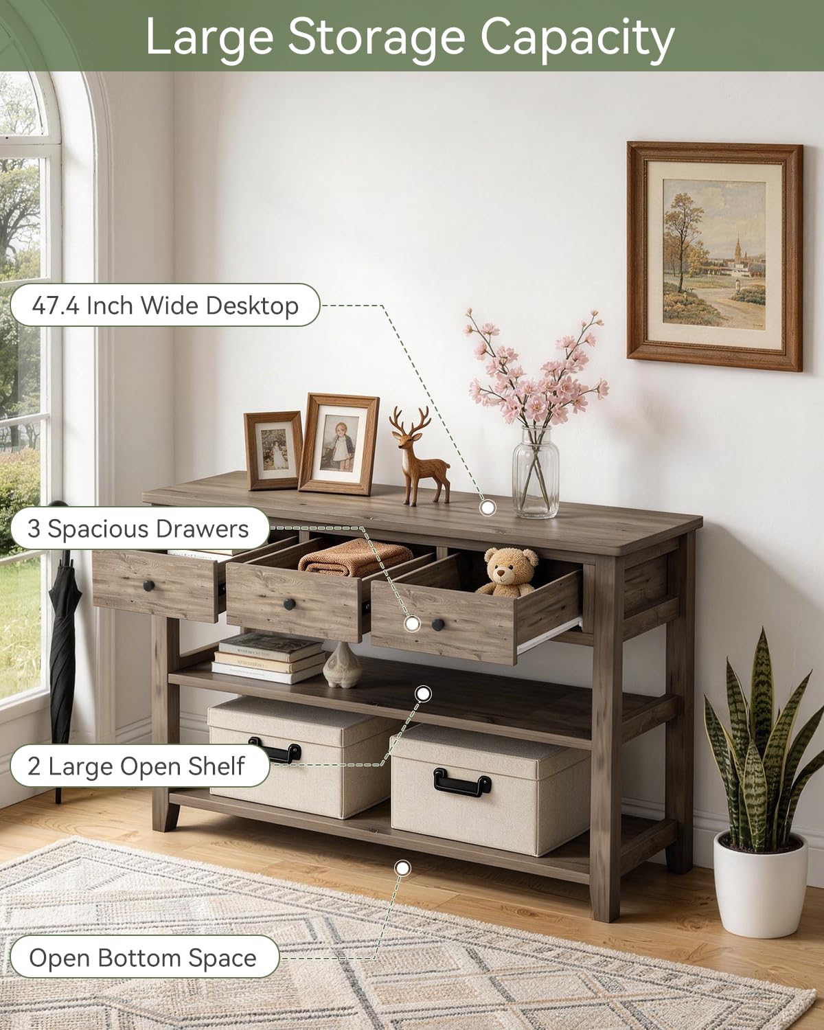 Console Table with 3 Drawers & 2-Tier Shelves