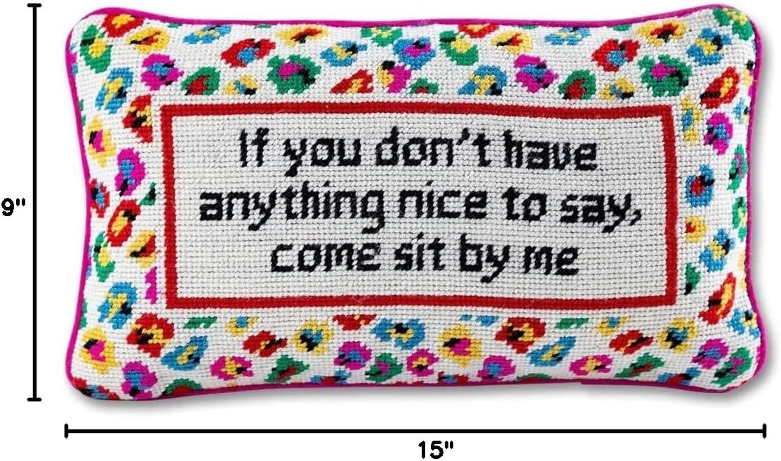 FURBISH Needlepoint Decorative Throw Pillow - Come Sit by Me - 9" x 15" - Small Embroidered Accent Pillow for Bed, Chair, Couch, Sofa - Eclectic Home Decor