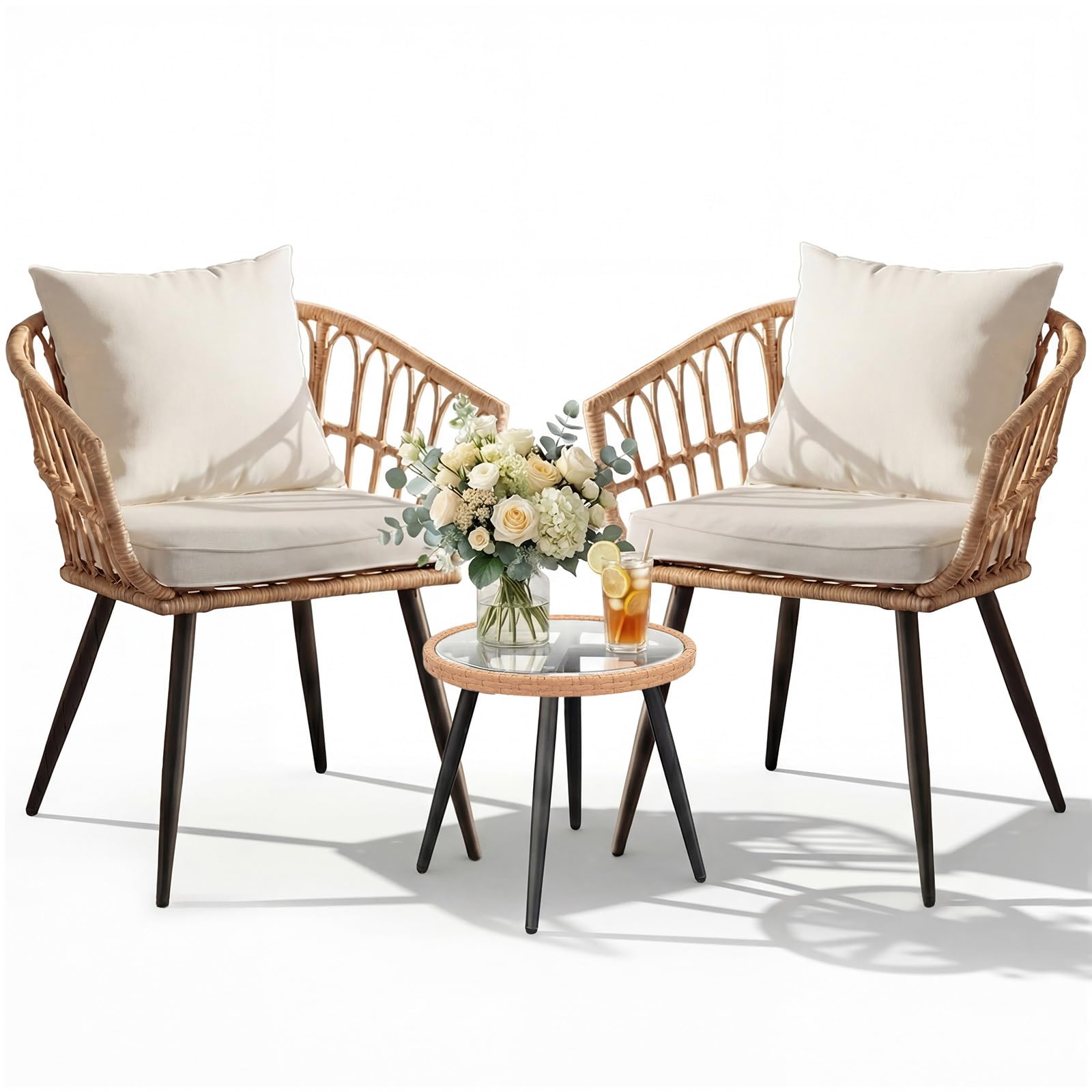 3 Piece Patio Bistro Set, Outdoor Wicker Apartment Balcony Furniture Set, All-Weather Rattan Patio Conversation Set for Backyard, Balcony and Porch with Soft Cushions, Tempered Glass Side Table(Beige)