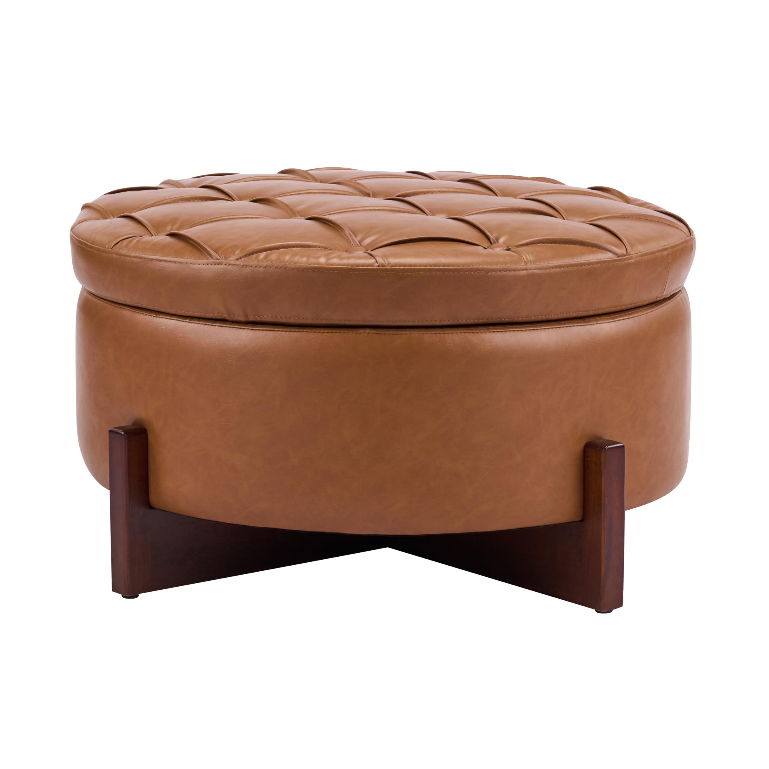 Christopher Knight Home 32" Round Storage Ottoman with Reversible Wooden Lid, Faux Leather Tufted Coffee Table, 2-in-1 Storage Ottoman, Hidden Storage Compartment, Solid Rubber Wood Base, Brown
