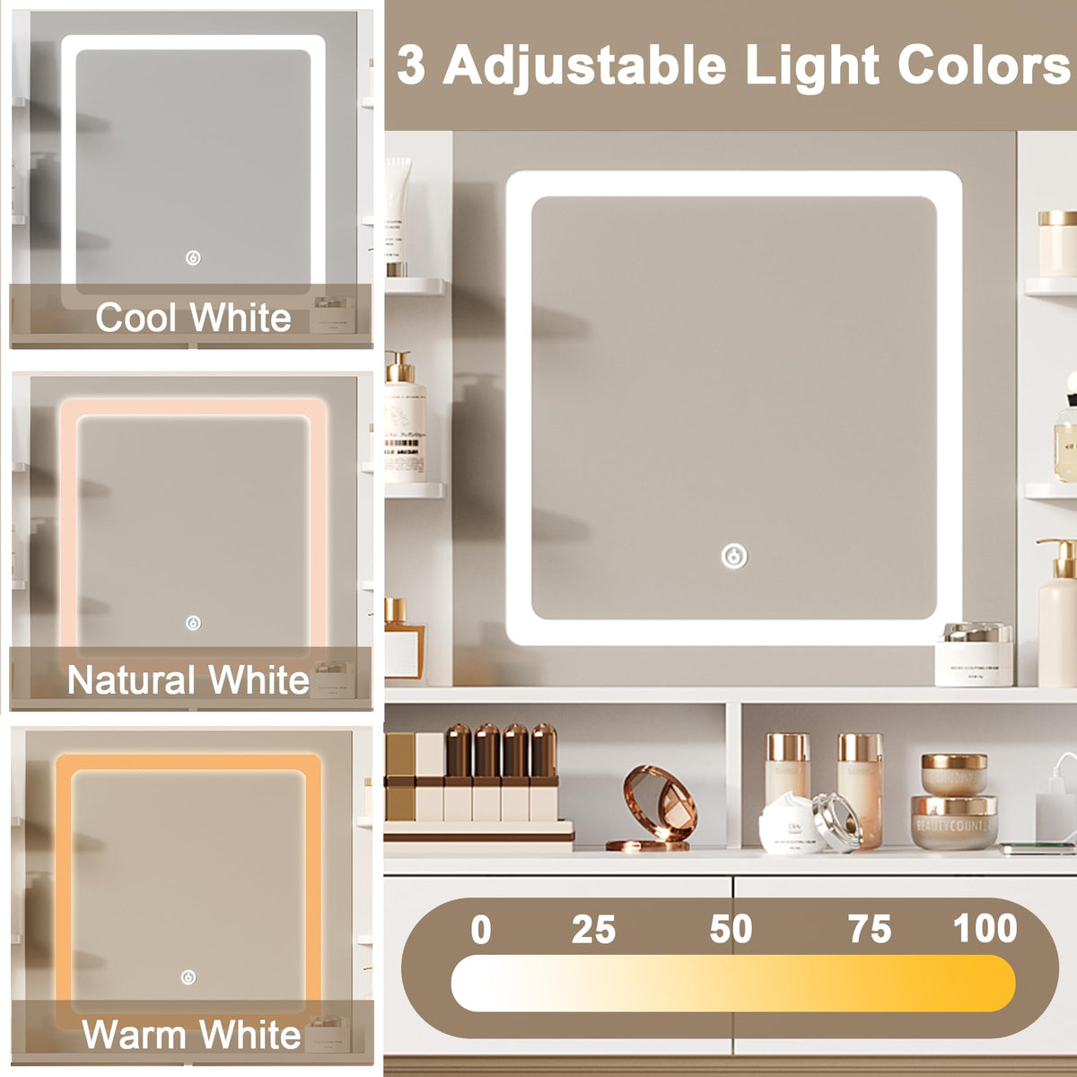 Makeup Vanity with LED Mirror and Stool