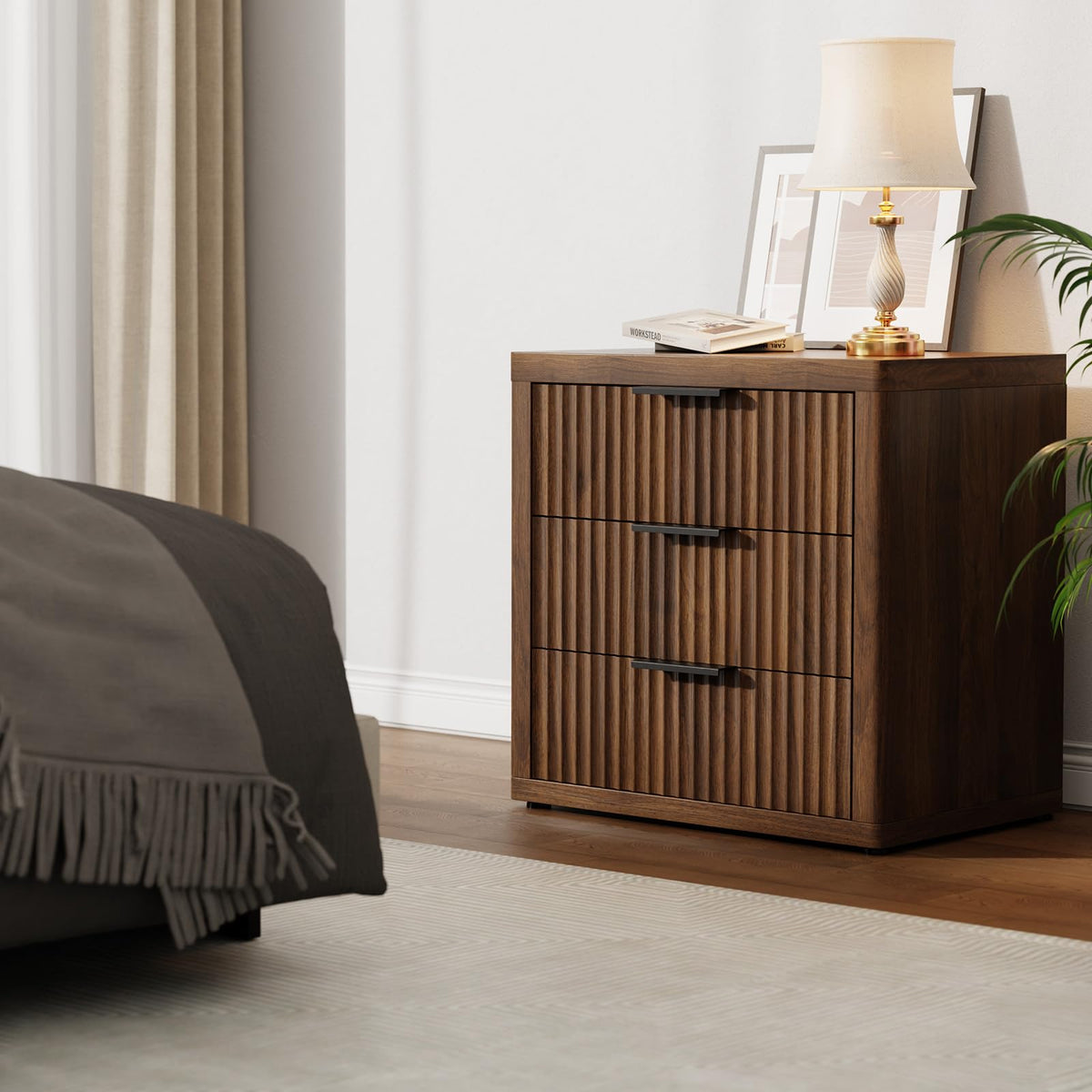 LOOMORA Fluted Nightstand with 3 Drawers, Night Stand, Walnut
