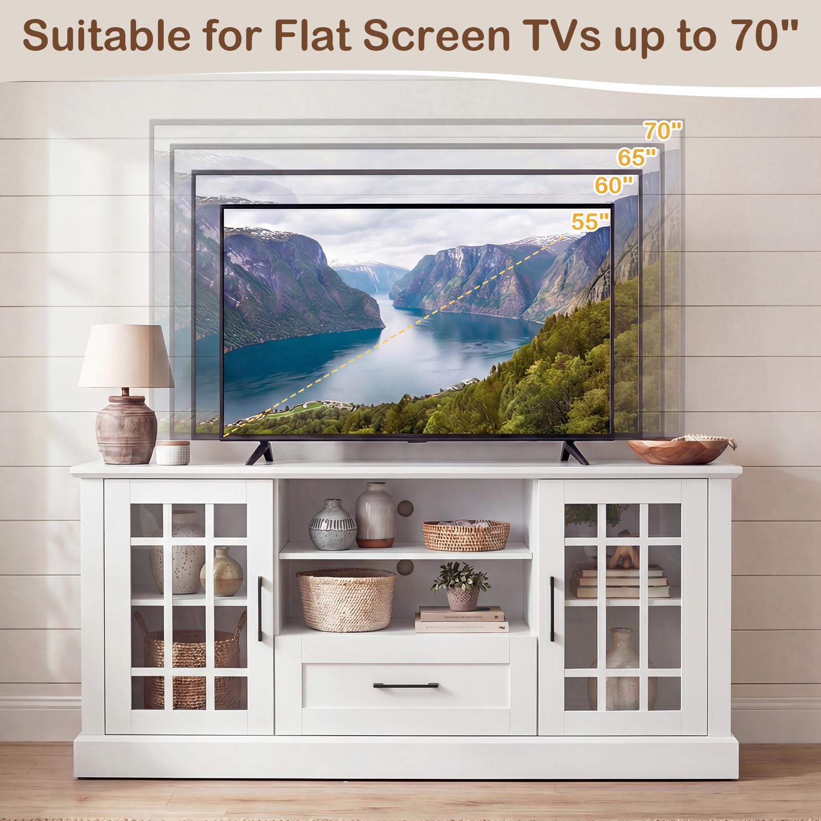 Farmhouse TV Stand with Glass Cabinets & Drawer