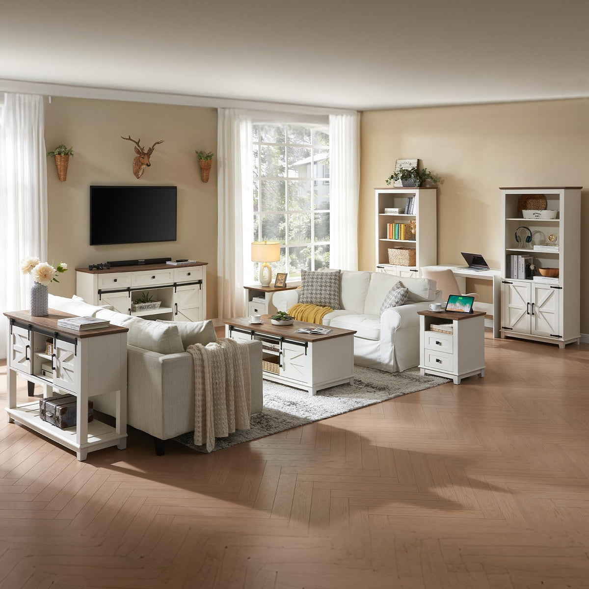 AMERLIFE Living Room Table Set of 5 with 59" TV Stand, Rustic White