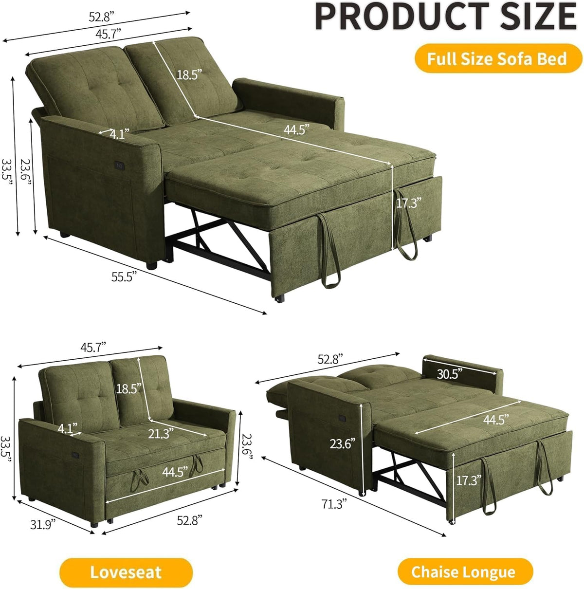3-in-1 Sleeper Loveseat with USB
