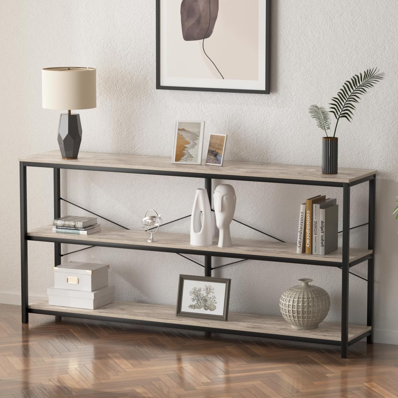 Vida Vistoso 71 Inch Industrial Console Table Behind Couch, Extra Long Sofa Table with 3 Tier Wood Storage Shelves, TV Table with Metal Frame for Living Room, Foyer, Hallway (Oak Grey)