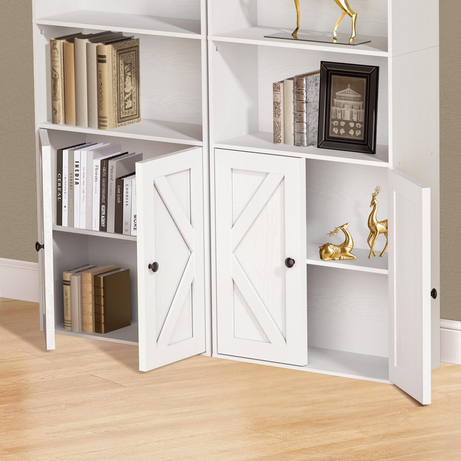 Shoueryaes Bookshelf, 6-Tier Floor Bookcase with 2 Bottom Doors, 9.29"x23.62"x70.86", Storage Cabinet Bookshelves for Home Office, Living Room, Bedroom-White