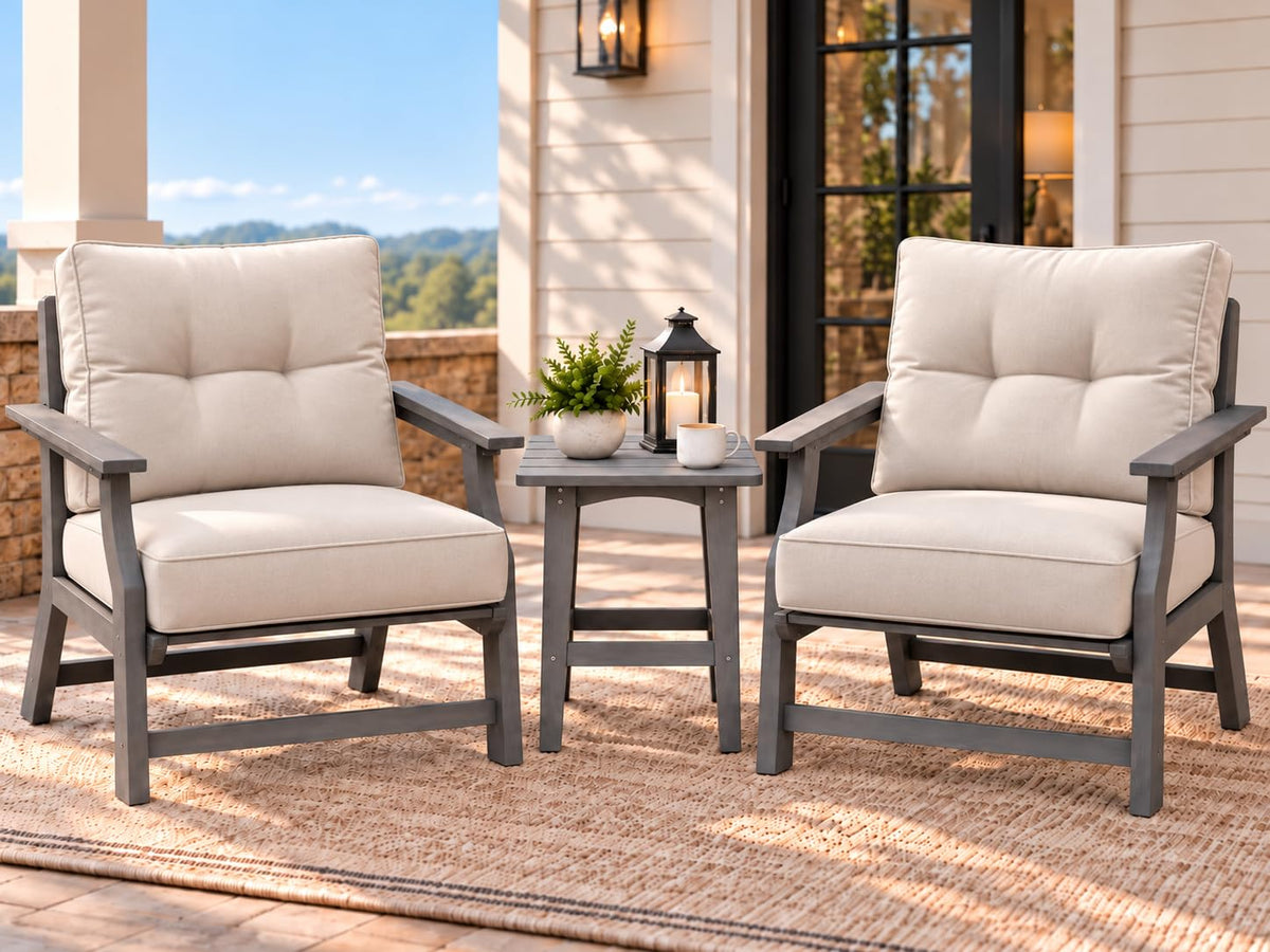 Polyhouz 3 Piece Patio Bistro Set, Outdoor Table Chairs with Cushion, Grey