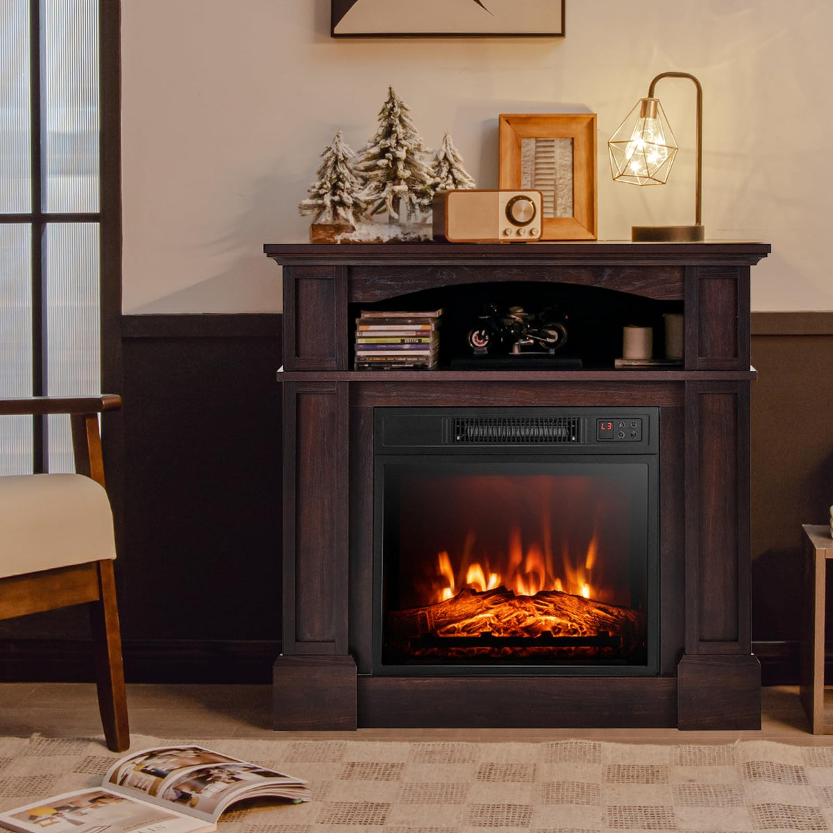 SIMOE 32-Inch Electric Fireplace with Mantel, Storage Cabinet, Brown