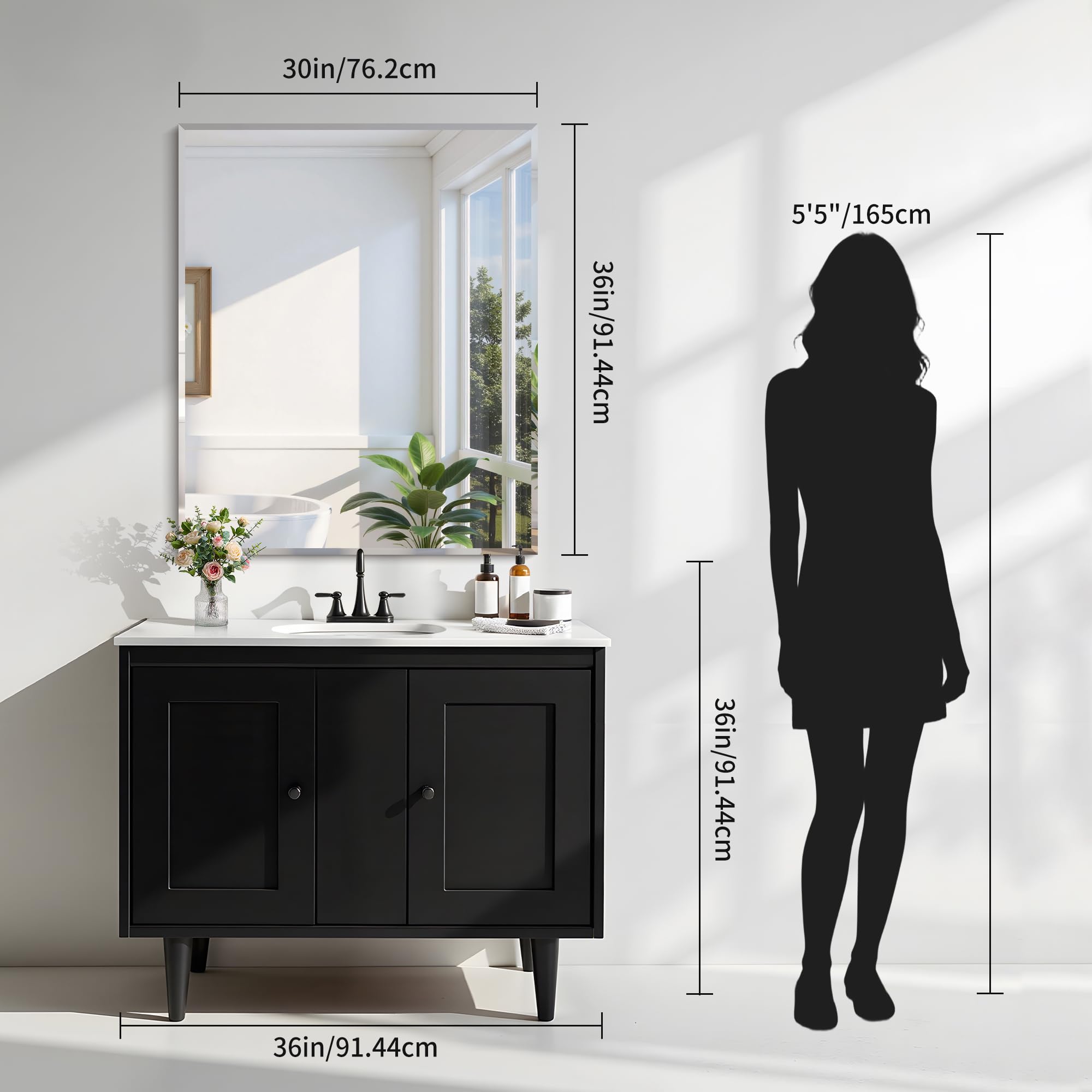 KOCUUY Beveled Mirror, 36x30 Inch Frameless Bathroom Mirror for Over Sink, Upgraded Shatterproof Beveled Unframed Design Mirror for Bathroom, Bedroom, Hang Horizontal/Vertical