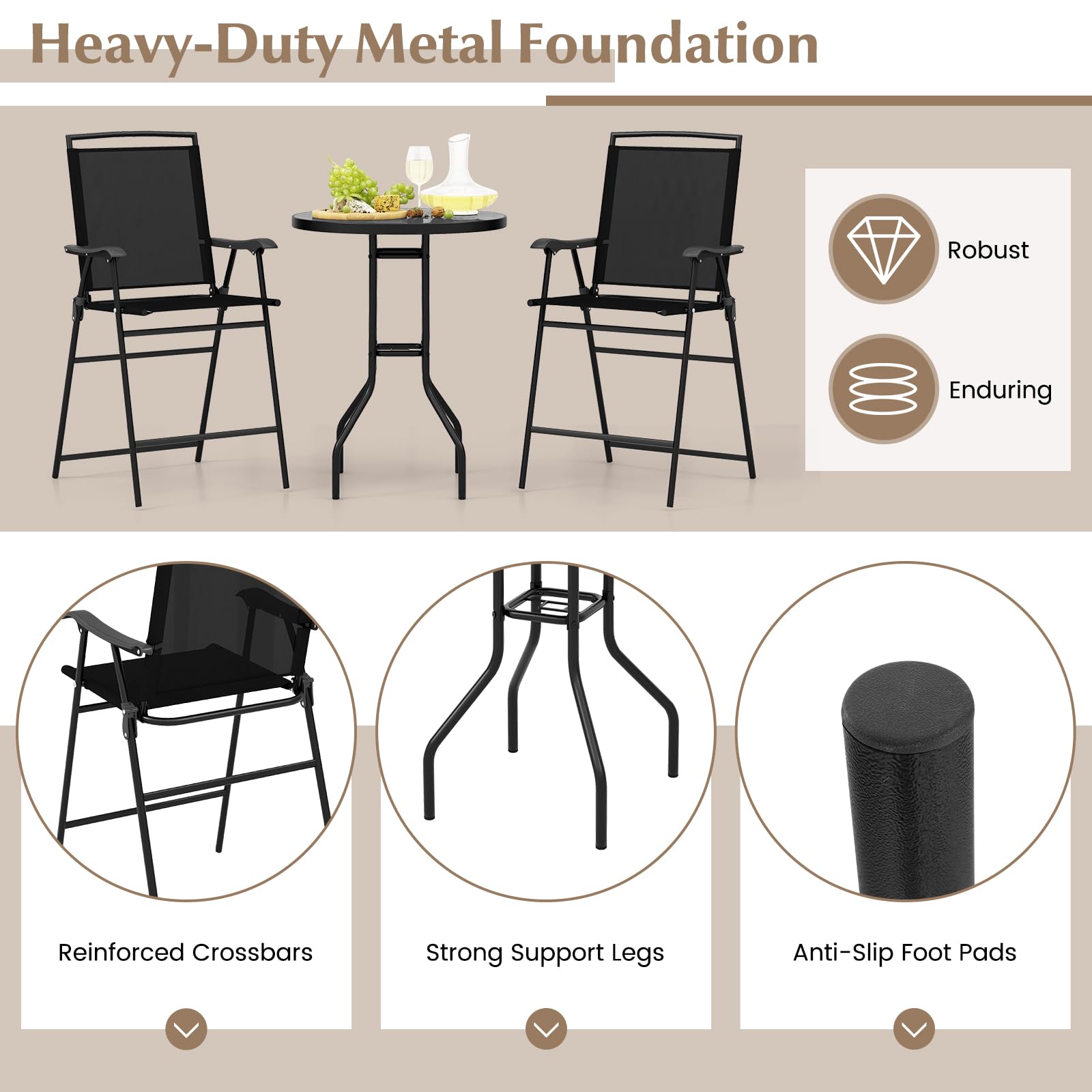 3-Piece Outdoor Patio Bar Set with Round Table & Folding Counter Height Chairs
