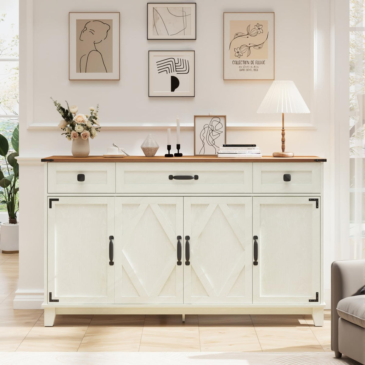 DSNAPE 55" Farmhouse Buffet Cabinet, Coffee Bar Cabinet with Drawers, White
