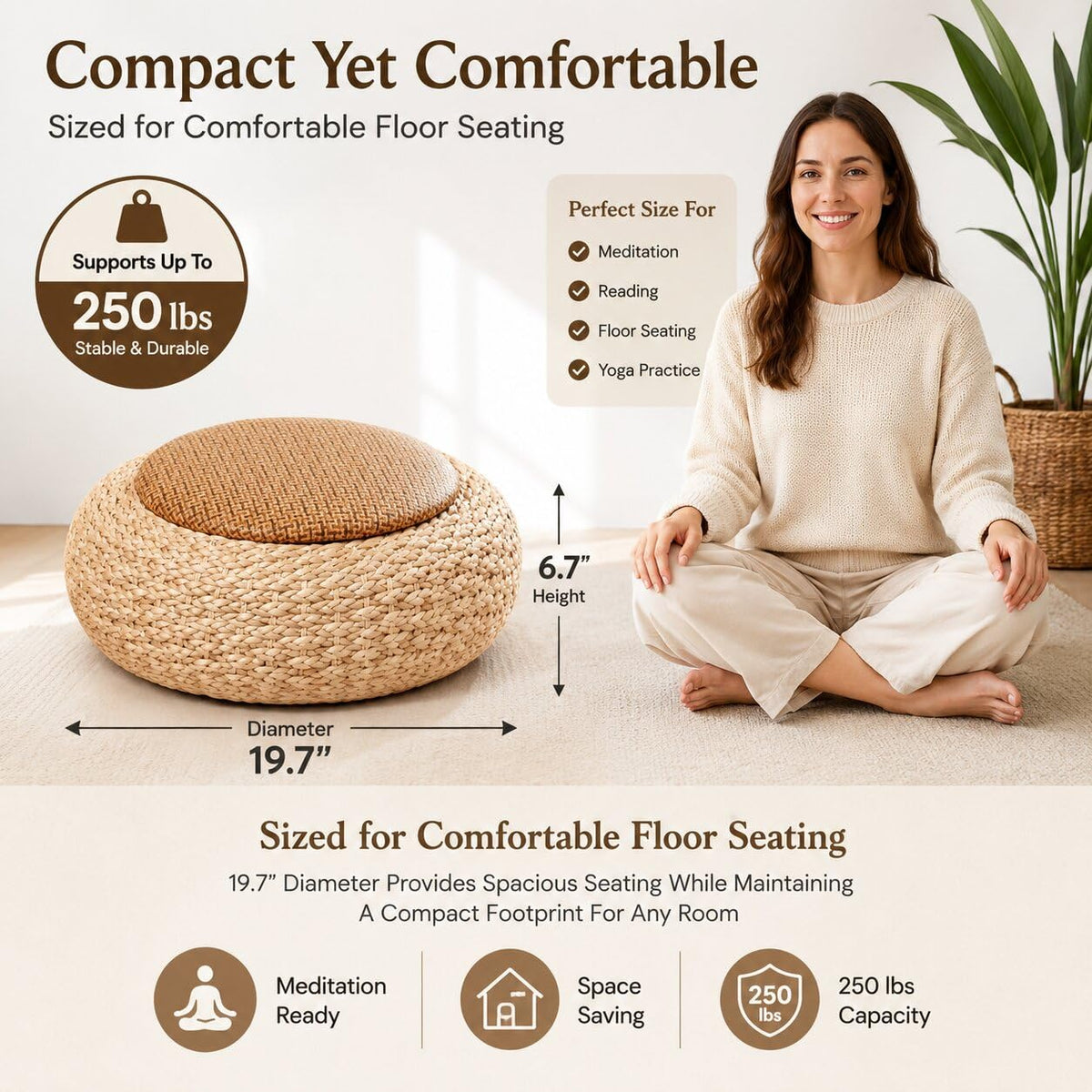 Aringceton Japanese Zen Rattan Floor Cushion, Handwoven Tatami Pouf