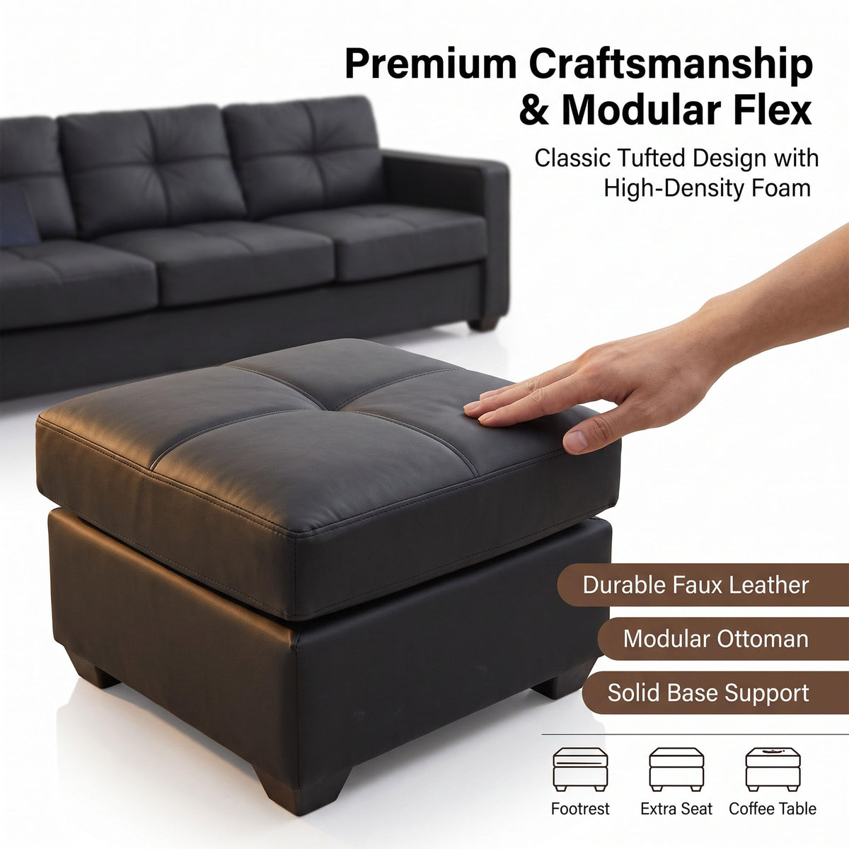 4-Piece Faux Leather Living Room Set, Black