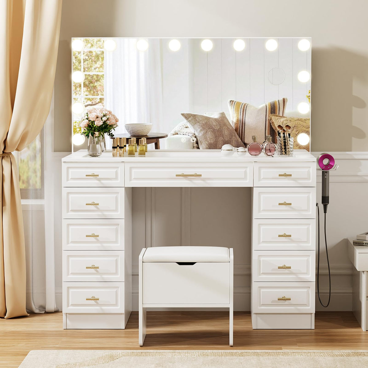 VOWNER Vanity with Lighted Mirror, Makeup Vanity Desk w/Bluetooth Speaker
