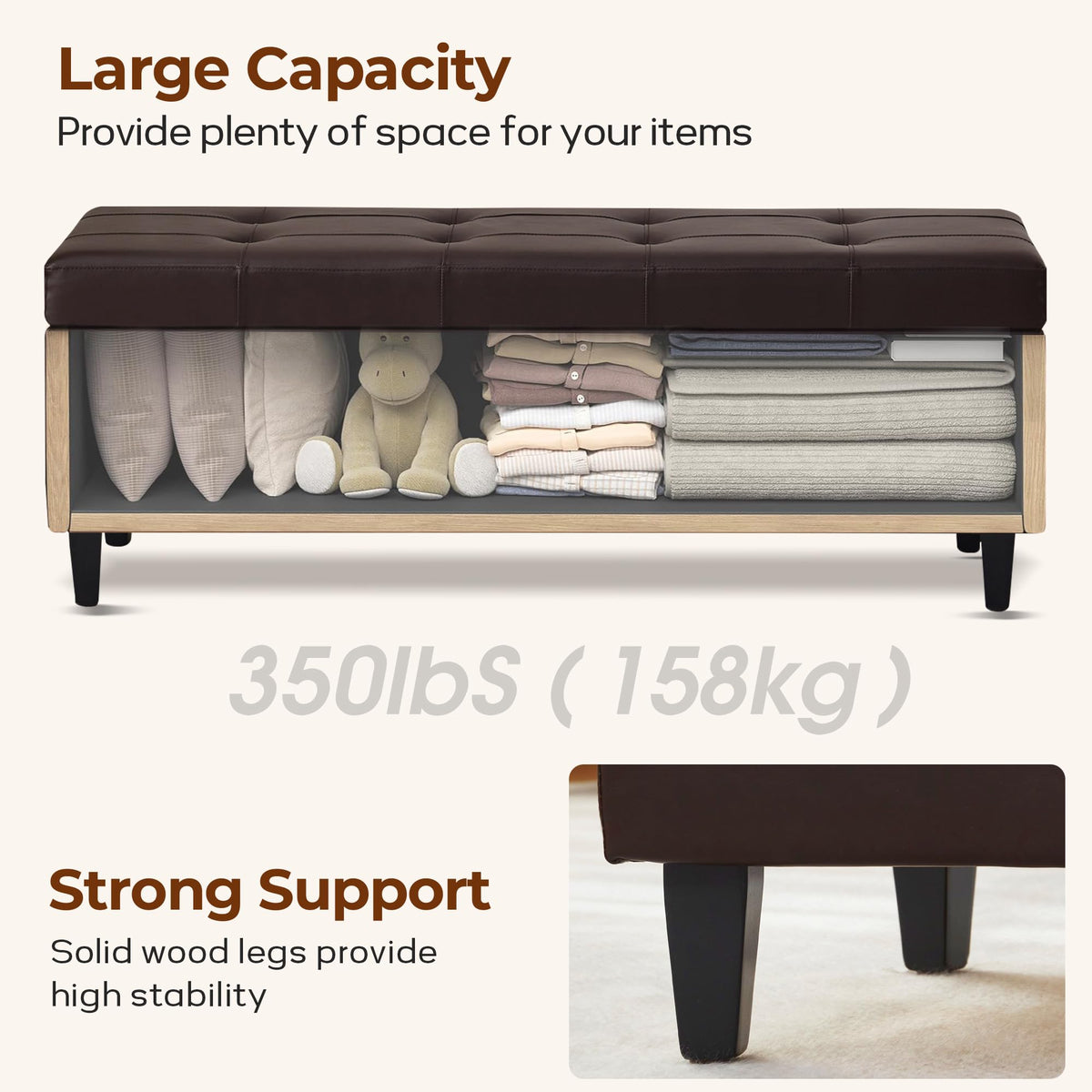 51" Storage Bench, Leather Tufted Storage Ottoman Bench with Wooden Legs