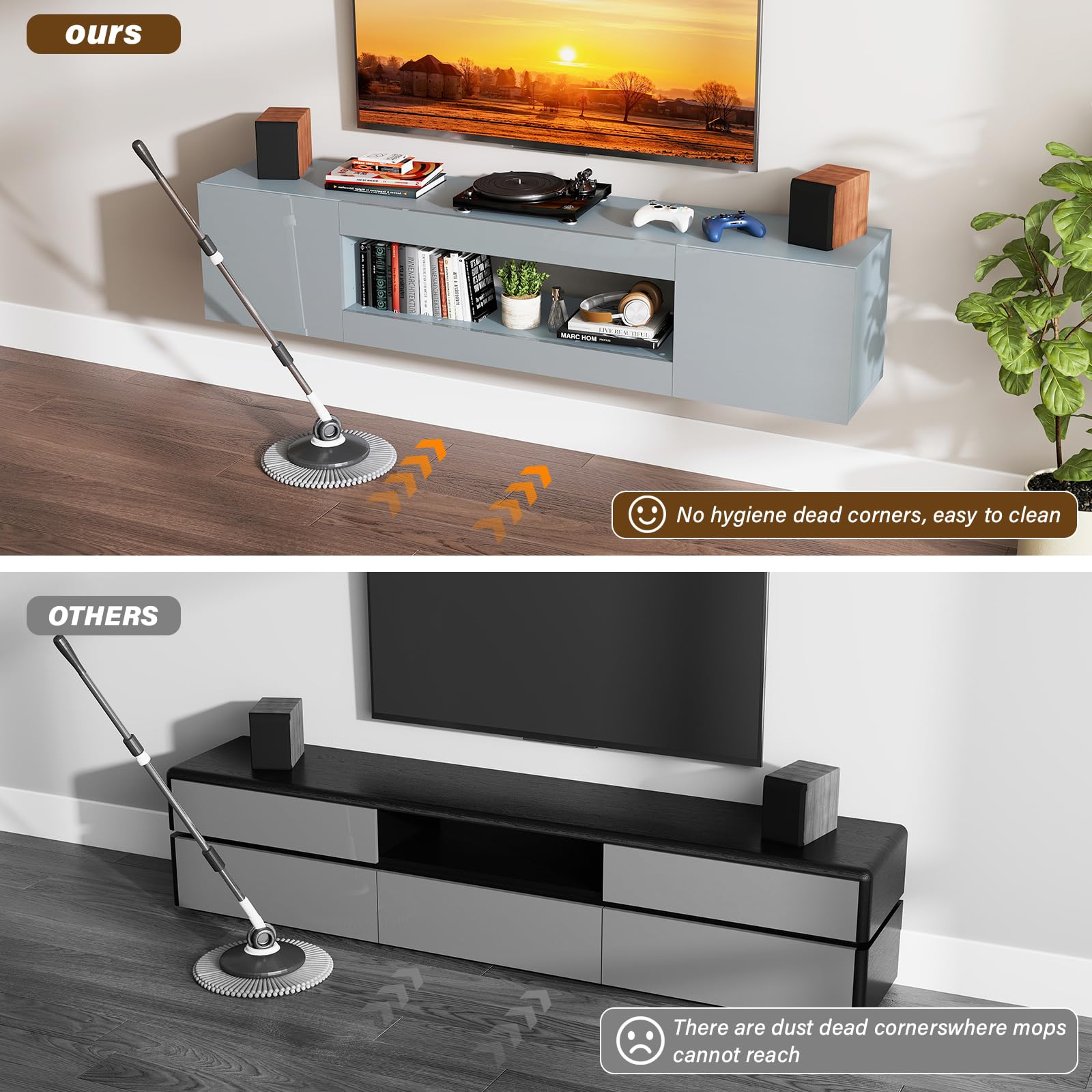 EAG 70" Floating TV Stand for TVs Up to 80", Modern Wall Mounted Entertainment Center with Storage, High Gloss Floating TV Shelf with Flip Doors, TV Floating Cabinet for Living Room (Gray)