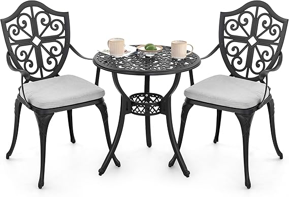 Outdoor 3-Piece Cast Aluminum Bistro Set with Cushions