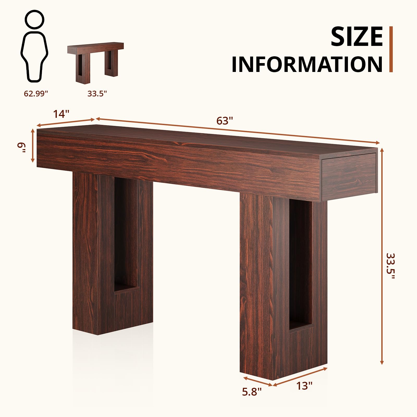 Airynee 63 Inches Long Console Table for Entryway with Drawers, Wooden Sofa Table Behind Couch, Industrial Entry Table for Living Room, Foyer, Hallway, Walnut